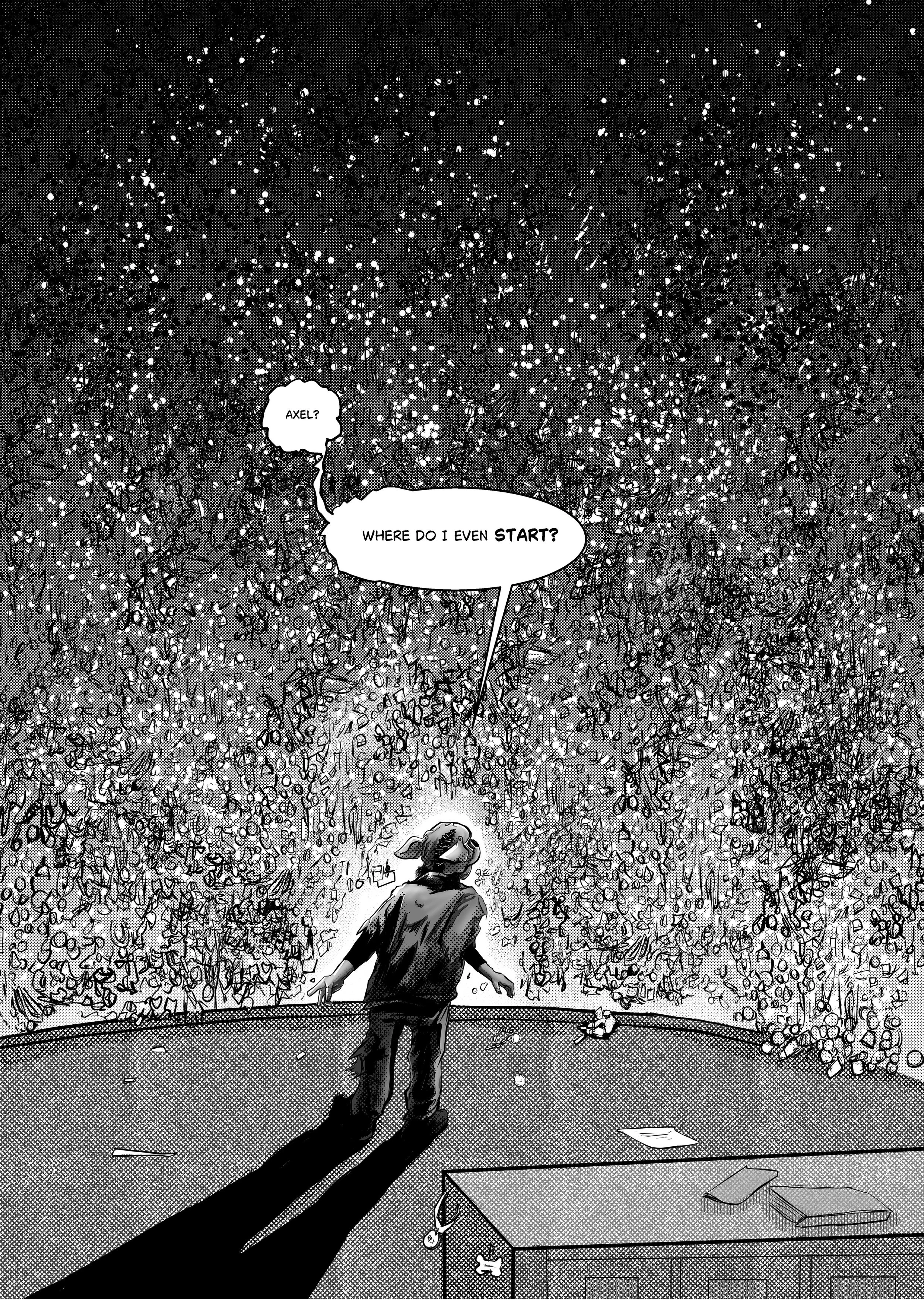 The Stray:" Good Boy"- Issue 0, Page 12- Inked and lettered page, done in Clip Studio Paint. Creator, writer, illustrator and letterer: Isadora Jimenez.   Full Issue Available upon request Showing pages 1-12 of 25.