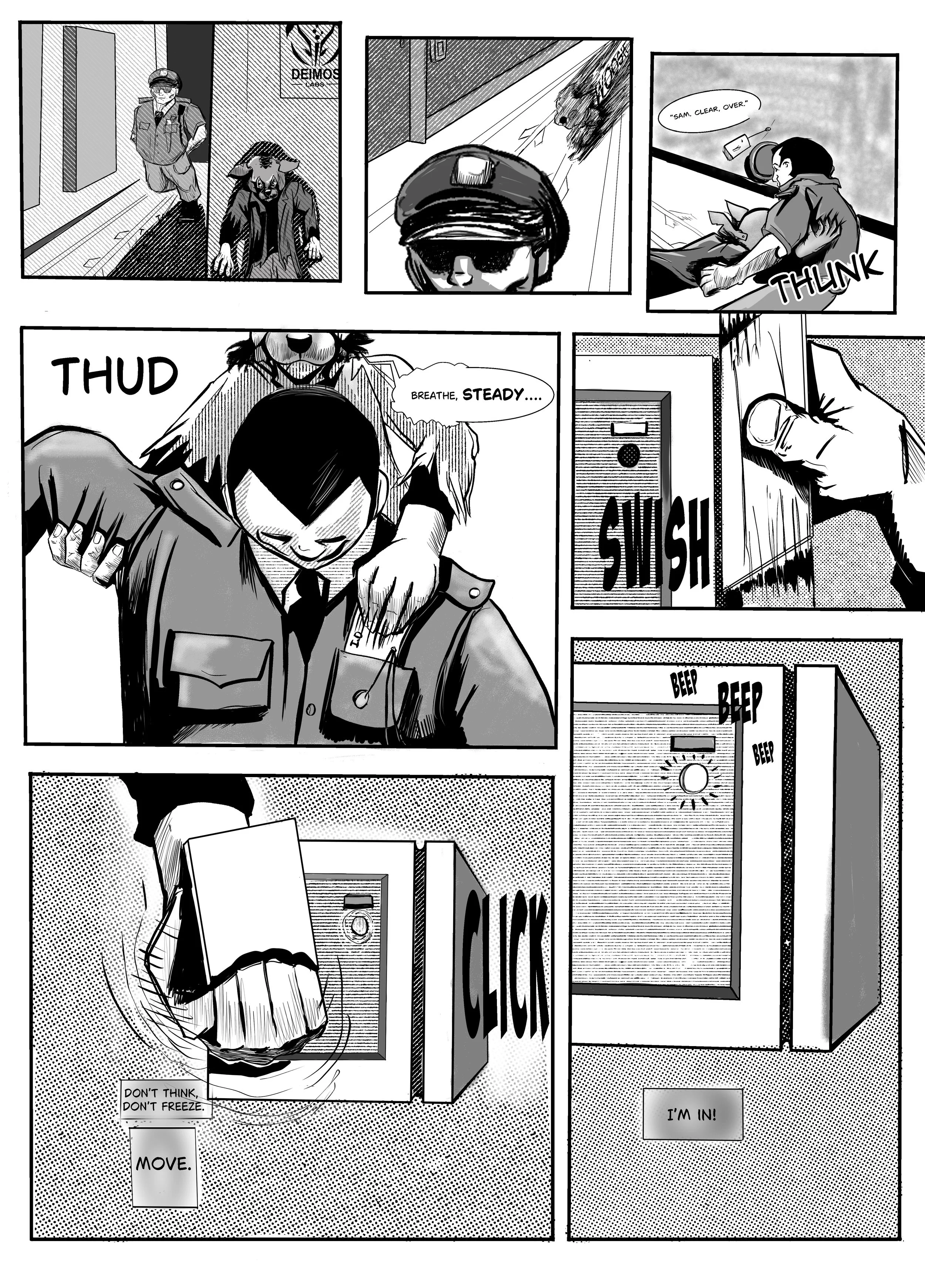 The Stray:" Good Boy"- Issue 0, Page 3- Inked and lettered page, done in Clip Studio Paint. Creator, writer, illustrator and letterer: Isadora Jimenez.