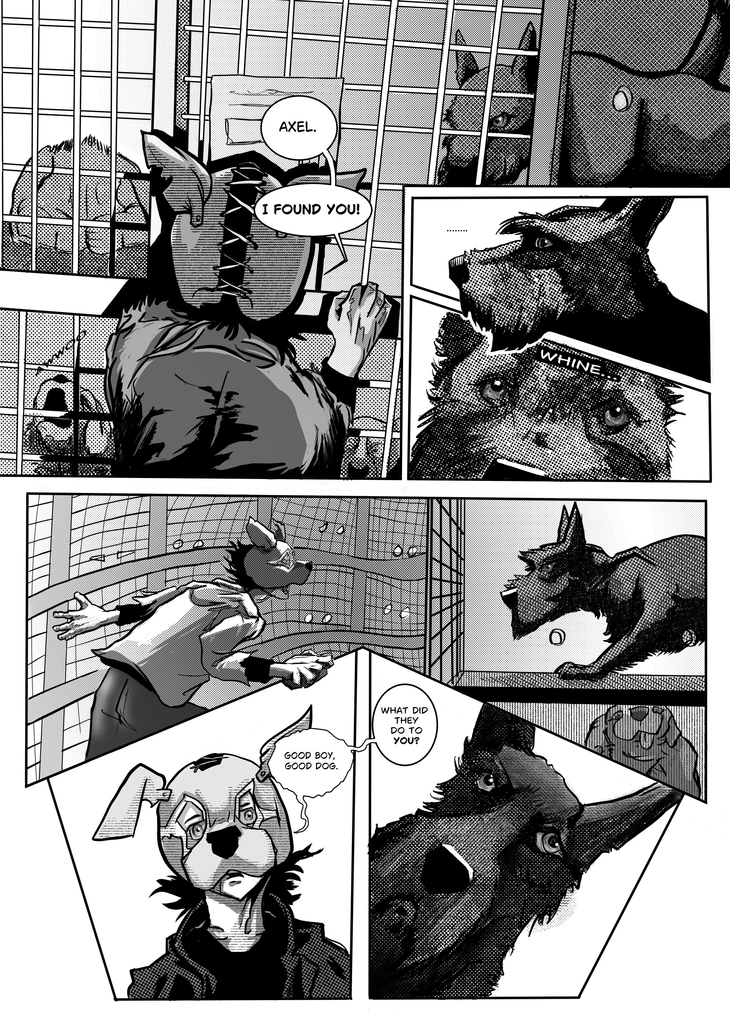 The Stray:" Good Boy"- Issue 0, Page 6- Inked and lettered page, done in Clip Studio Paint. Creator, writer, illustrator and letterer: Isadora Jimenez.