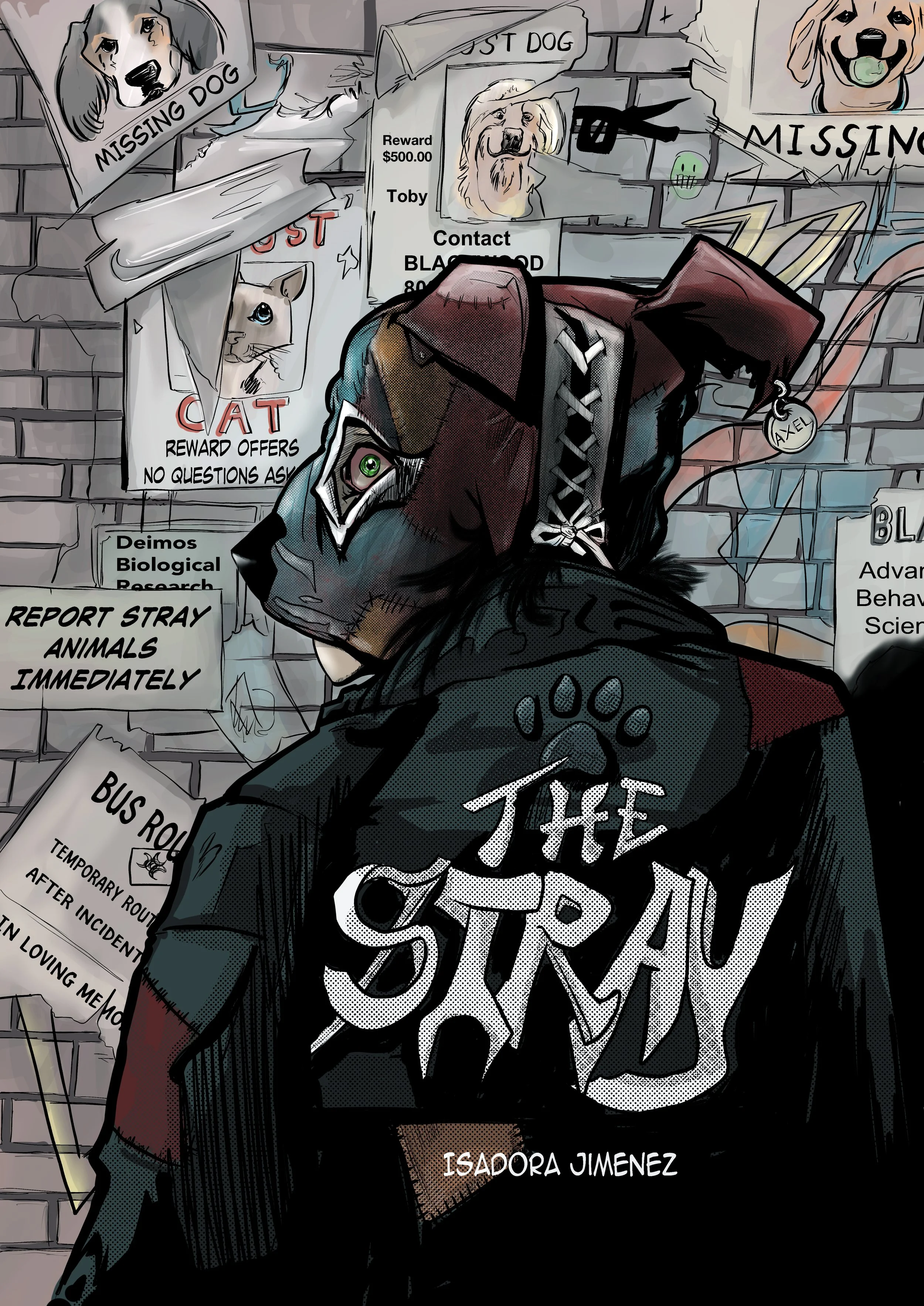 The Stray:" Good Boy"- Issue 0, Color Cover and Selected pages, Final Cover painted in Clip Studio paint. Creator, writer, illustrator and letterer: Isadora Jimenez. The composition establishes a dark tone while introducing us to the protagonist Seba