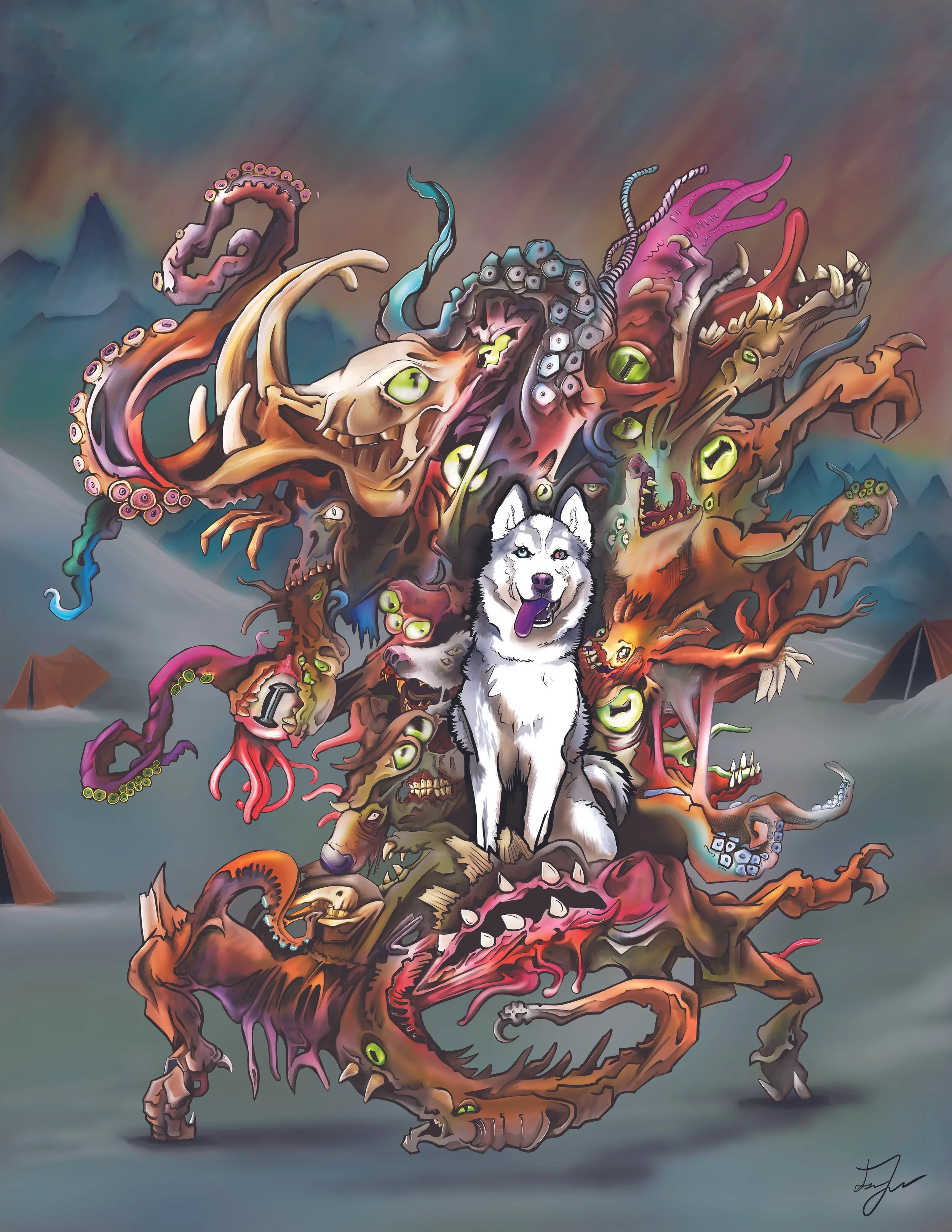 “The Miskatonic Mistake: 
Canine Anomaly”:
Horror Piece, Digital Clip Studio Pro
 Size 11 x 8.5

The storm had buried the outpost by morning. No tracks. No radio. No dogs in their kennels.

Only the sound of breathing where nothing should be. Behavio