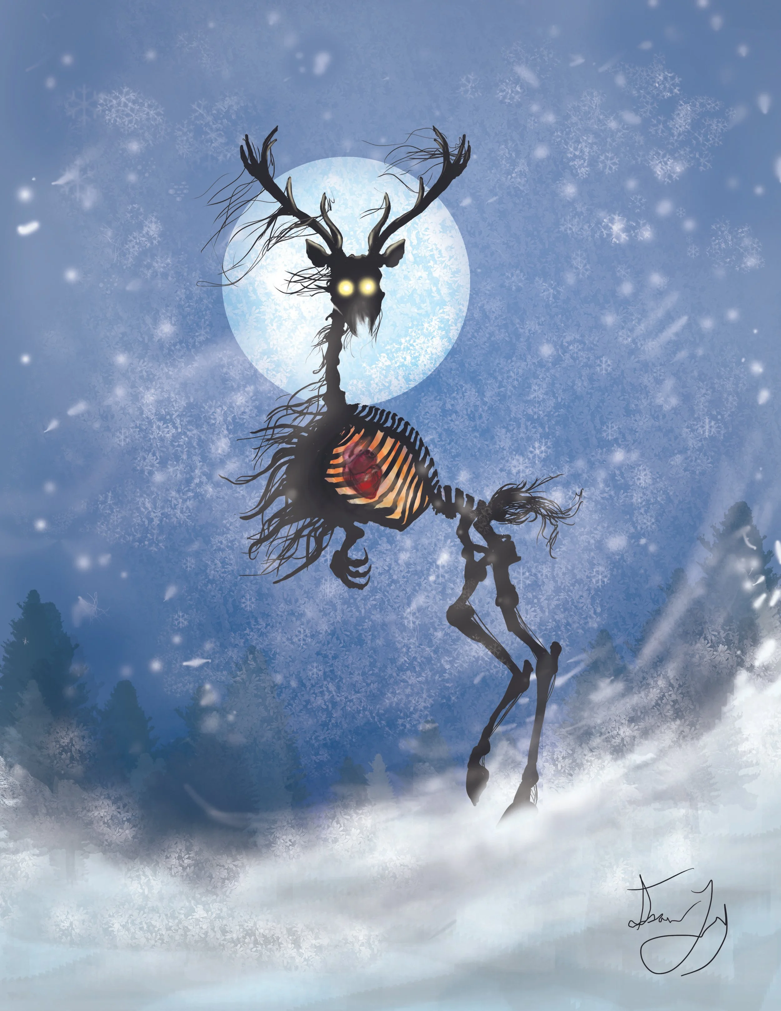 “What Waits in the Cold?”:
Horror Piece, Digital Photshop CS5 
 Size 11 x 8.5

A  whistle sounds behind you in the woods, as you hike deeper and deeper into the night a silhouette appears from the darkness. It has been stalking you, luring you into t