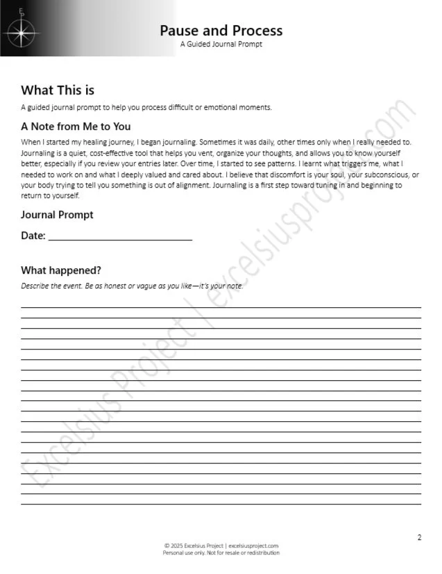 Guided journal prompt titled 'Pause and Process' with sections for explaining the journal's purpose, a note from the author, and space for the user to write about a specific event, including date and description.