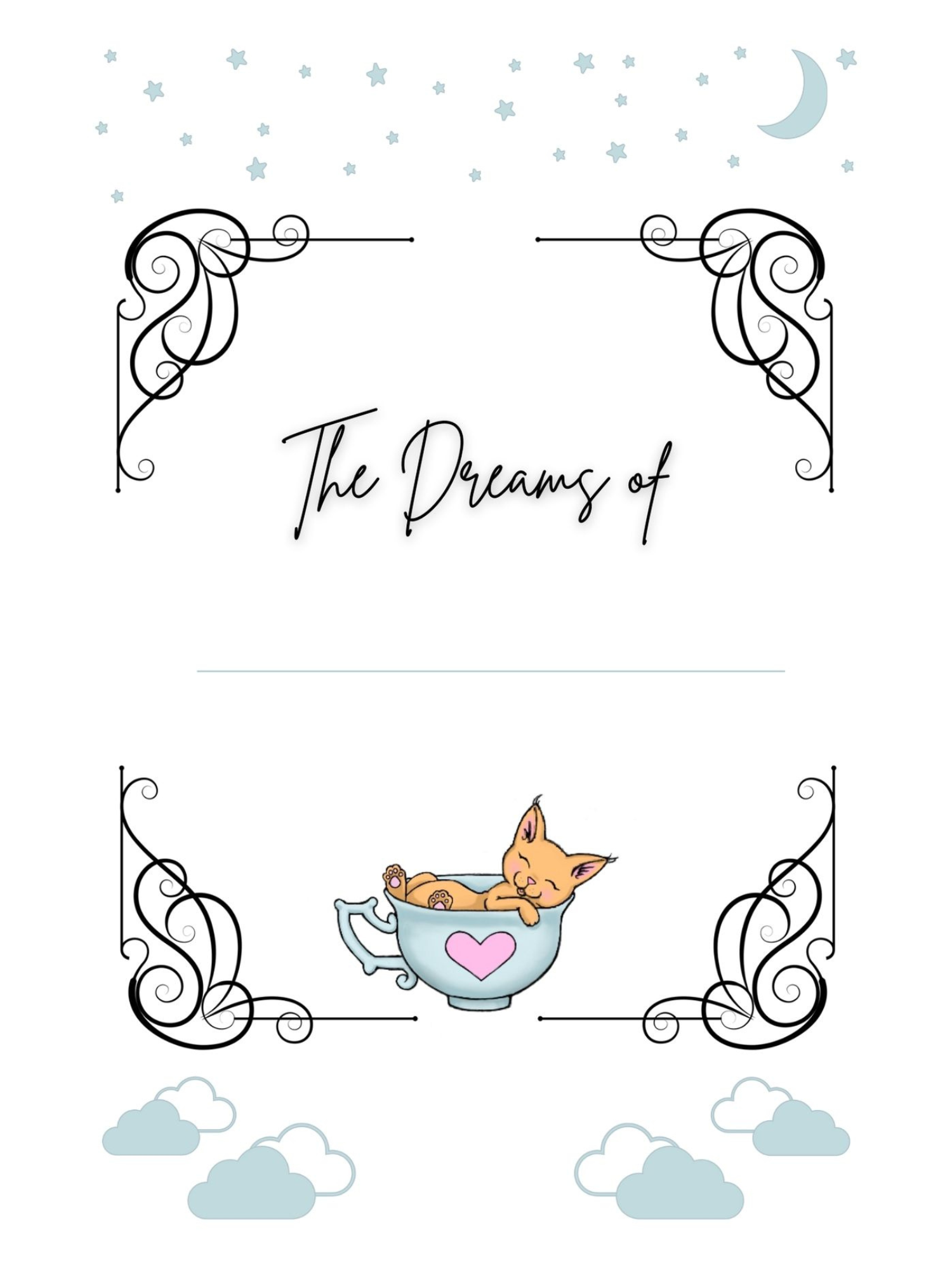 Illustration of a sleeping fox in a teacup with a heart design, surrounded by ornate swirls, stars, a crescent moon, and clouds. Text reads "The Dreams of."