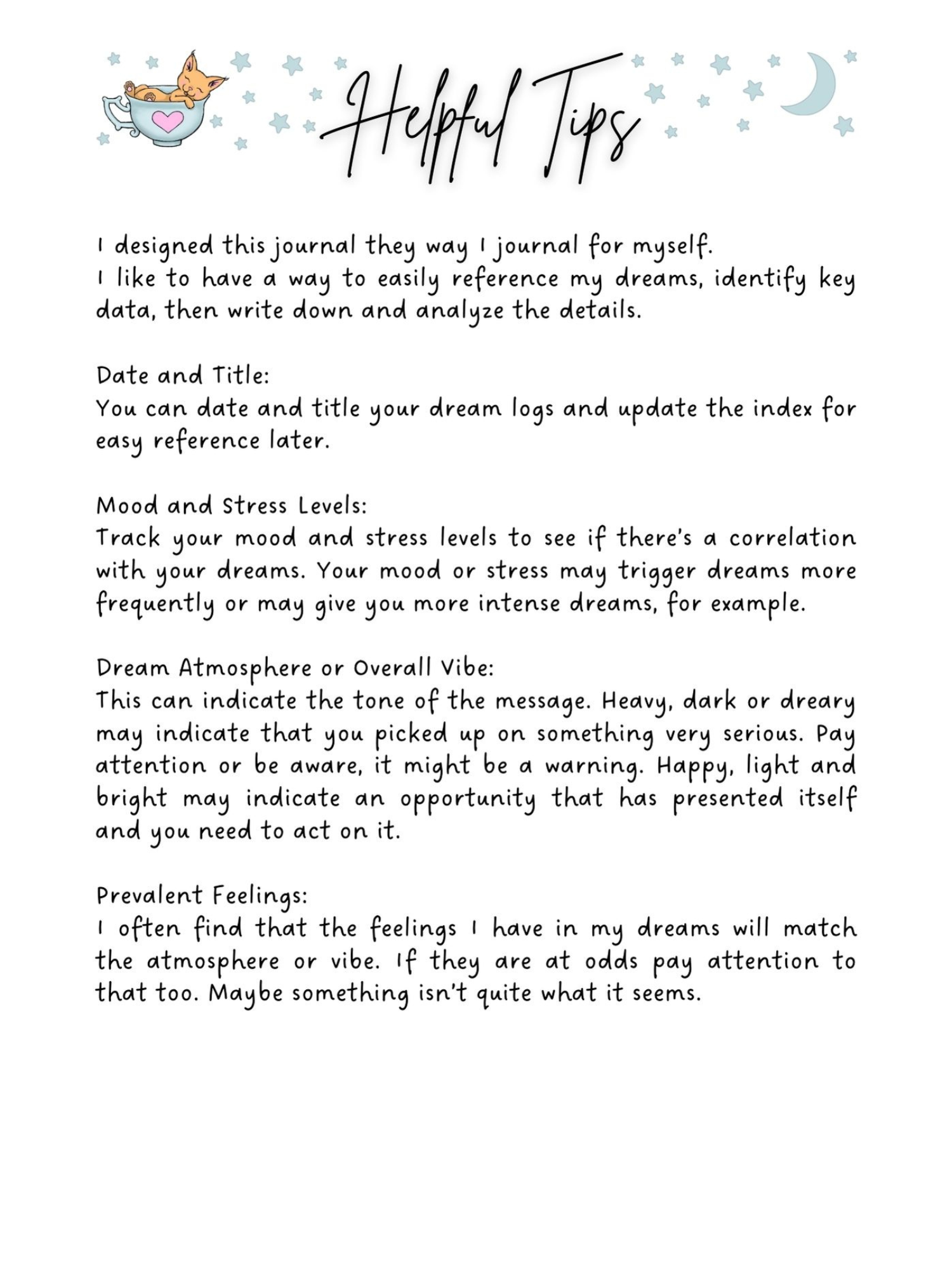 Image of a page titled 'Helpful Tips' with a cat in a teacup illustration. The page provides dream journaling advice, including sections on dating and titling dream logs, tracking mood and stress levels, understanding dream atmosphere or vibe, and recognizing prevalent feelings. Decorative stars and a moon are in the background.