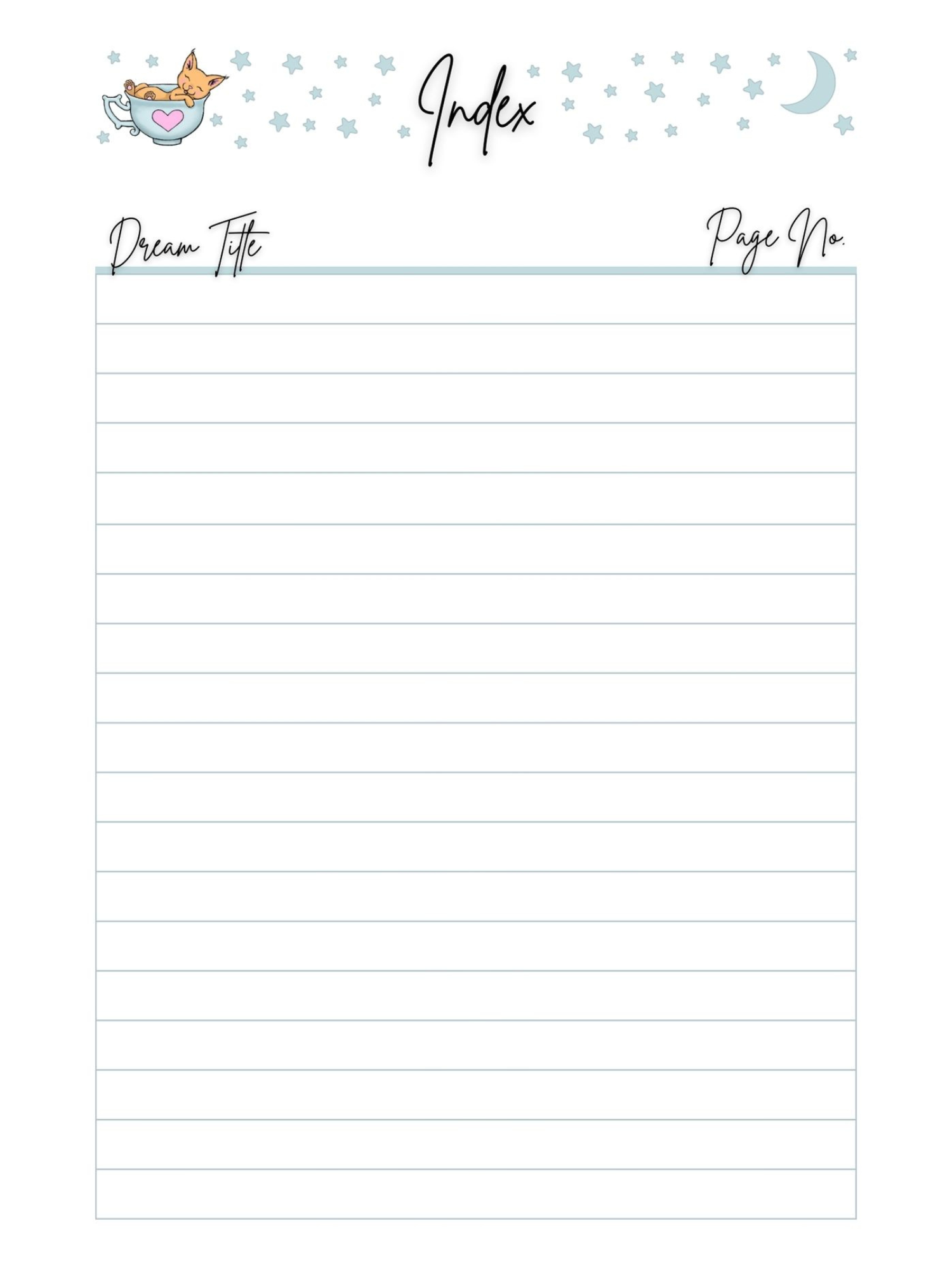 Notebook index page with cartoon cat in teacup design, space for dream titles and page numbers, star and moon decorations.