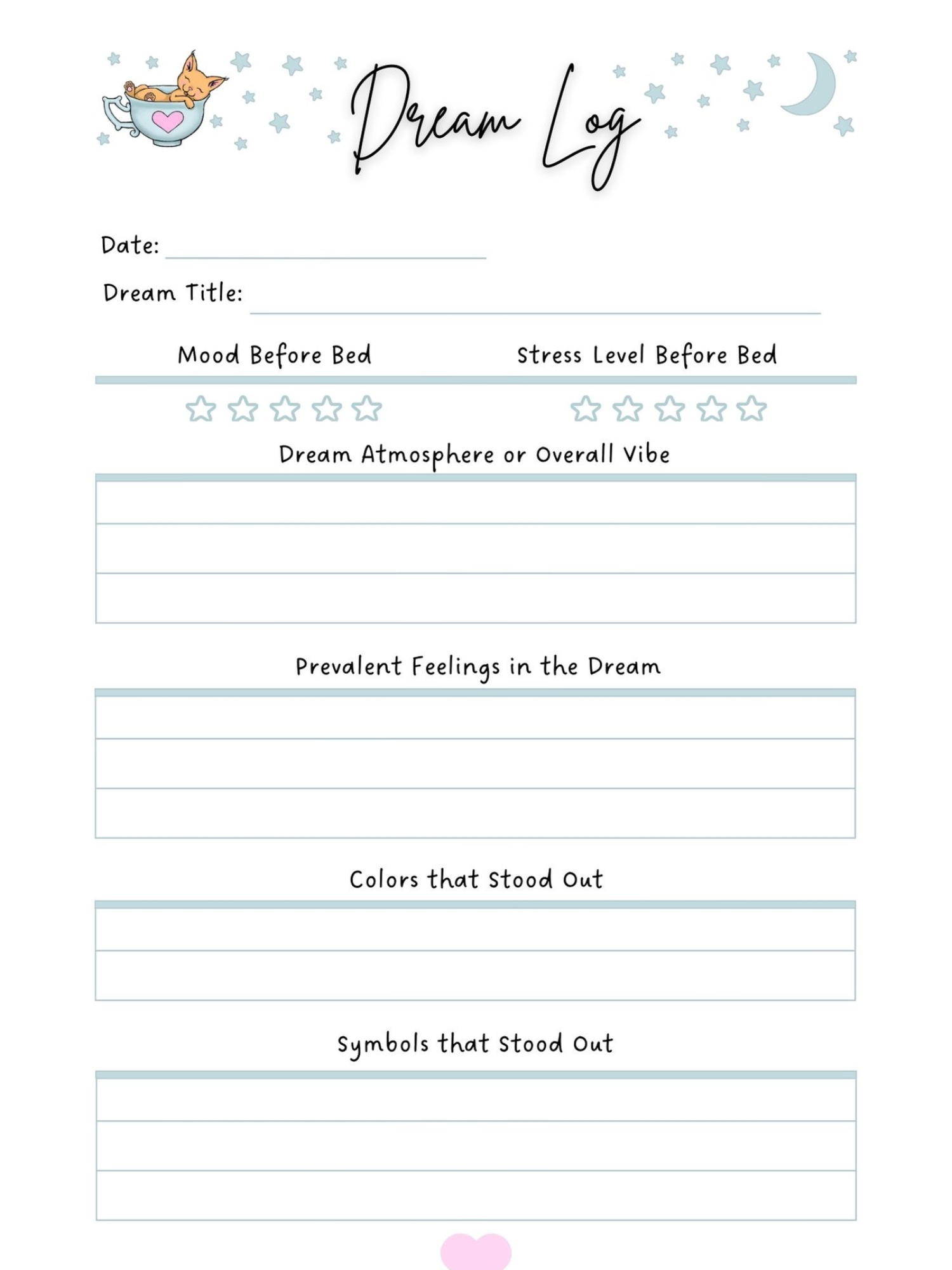 Dream log template with sections for date, dream title, mood and stress levels before bed, dream atmosphere, feelings, colors, and symbols.