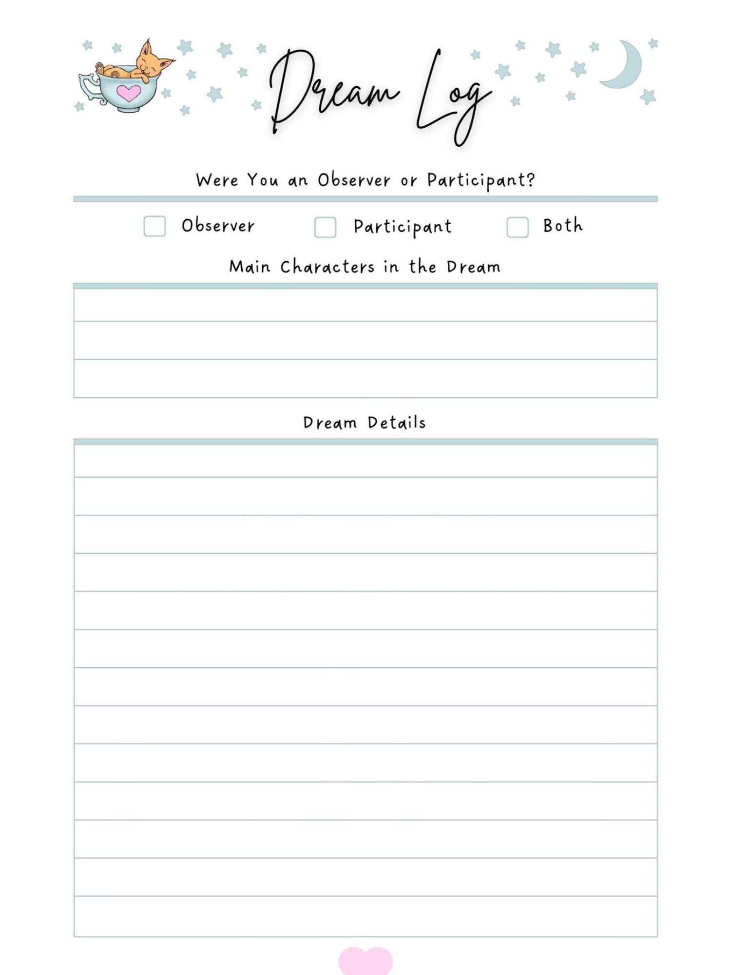 Dream log template with sections for observer or participant, main characters, and dream details, featuring a cat in a cup illustration and celestial decor.