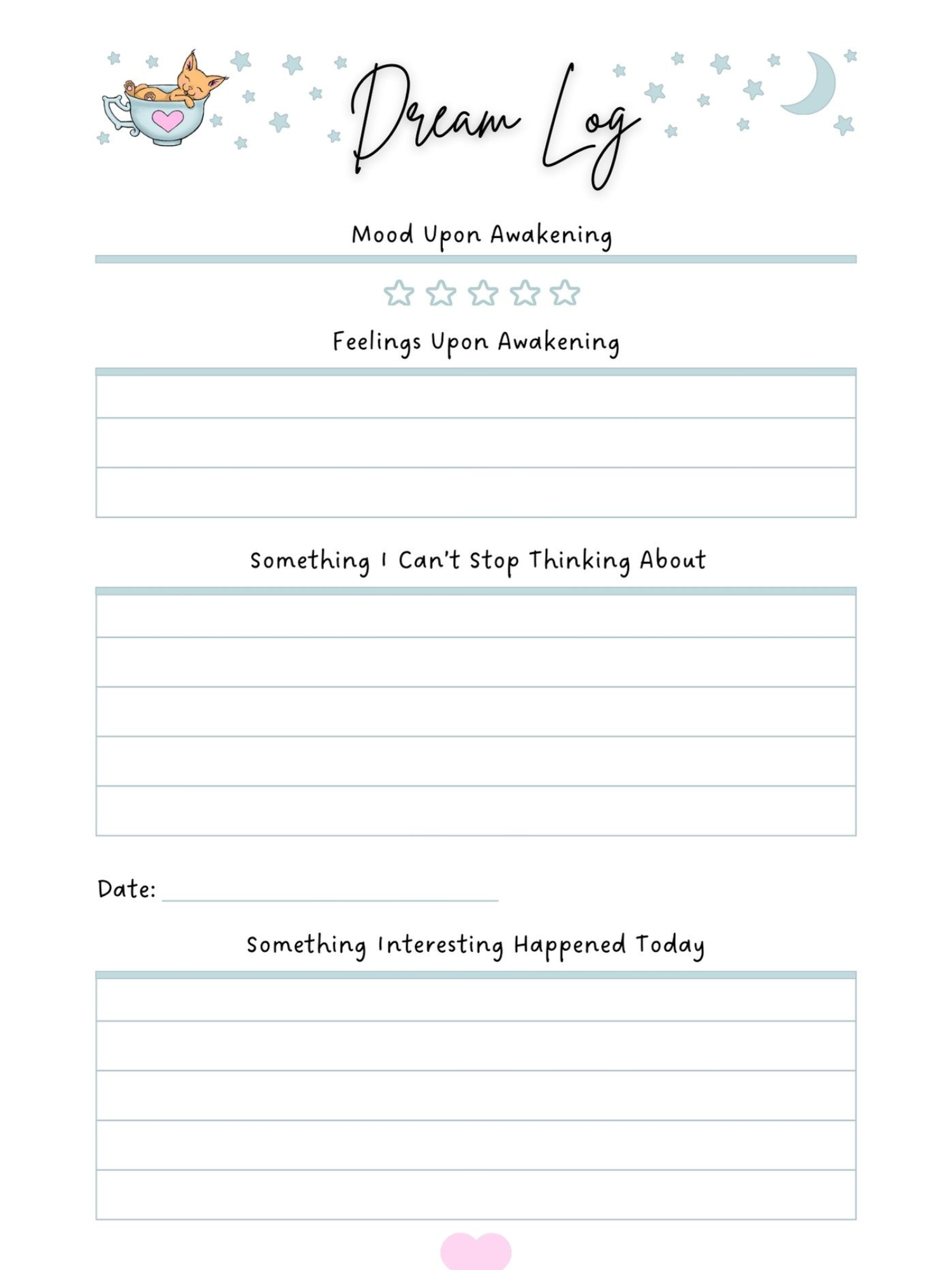 Dream log template with sections: Mood Upon Awakening, Feelings, Thoughts, Date, Interesting Events, decorated with stars and a sleeping cat in a cup.