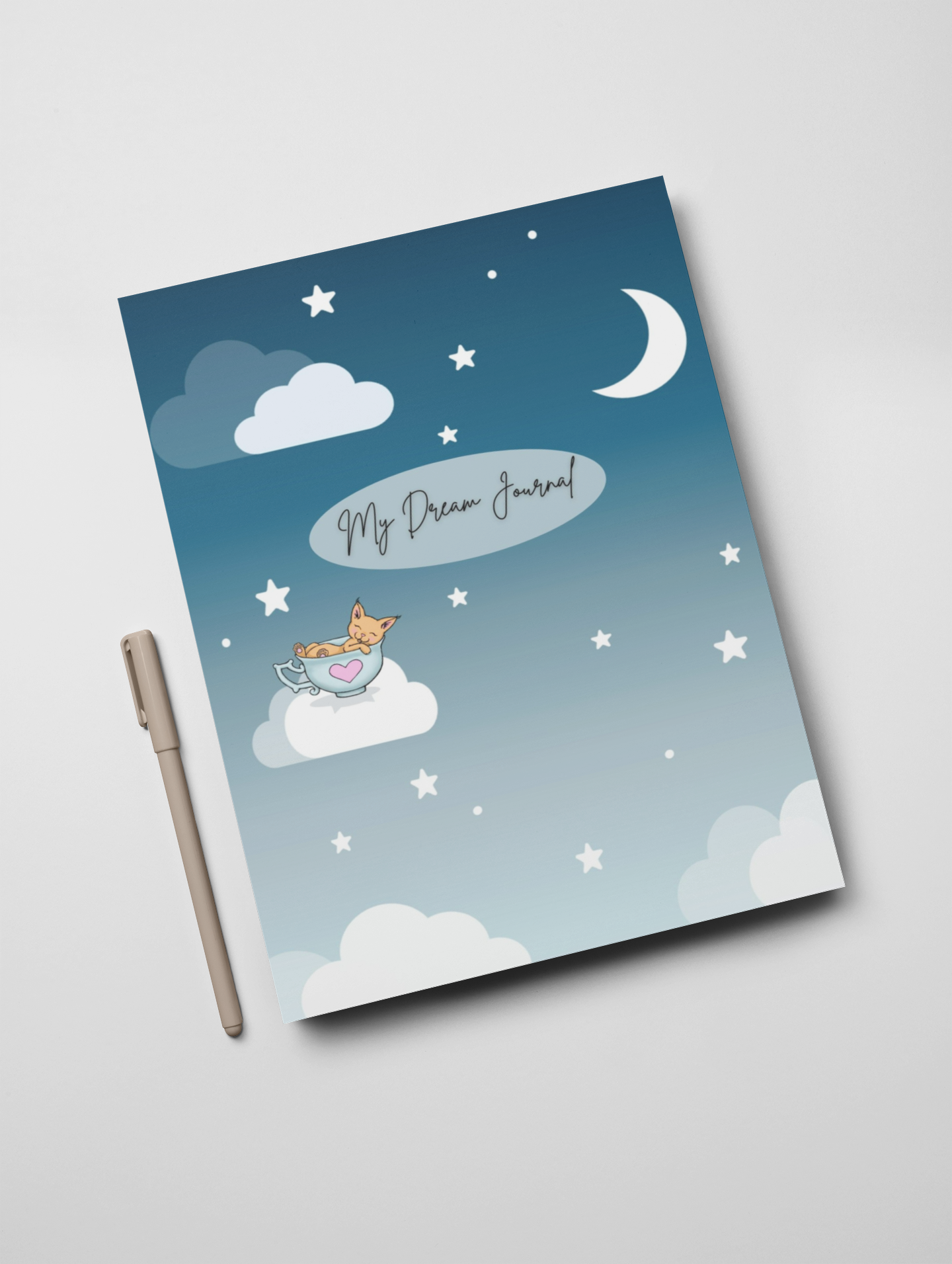 This is a picture of the cover of the dream journal. It features a night sky with a crescent moon, stars and clouds. Its a blue green gradient that fades to a lighter colour at the bottom. There is a sleepy kitty in a teacup resting on a cloud.