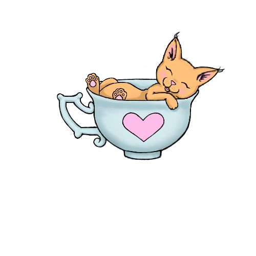 Cute little, orange kitten with rosy cheeks, sleeps soundly, belly up, in a light blue teacup with a pink heart on it.