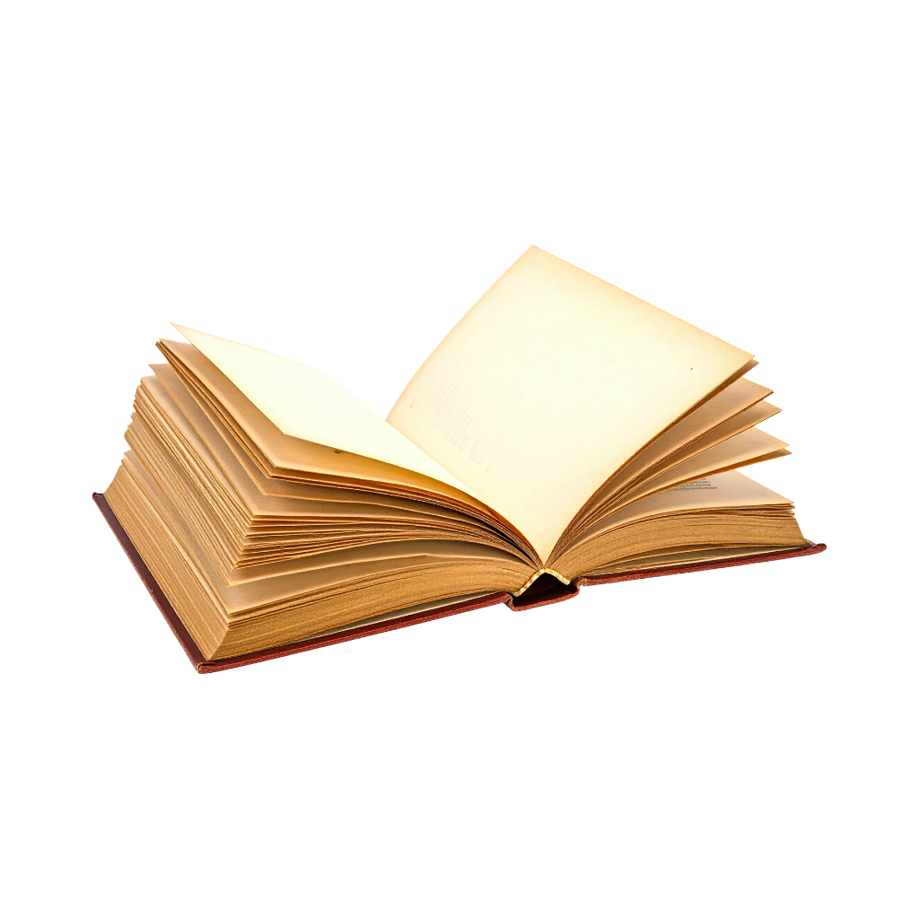 An open hardcover book with blank pages on a black background.
