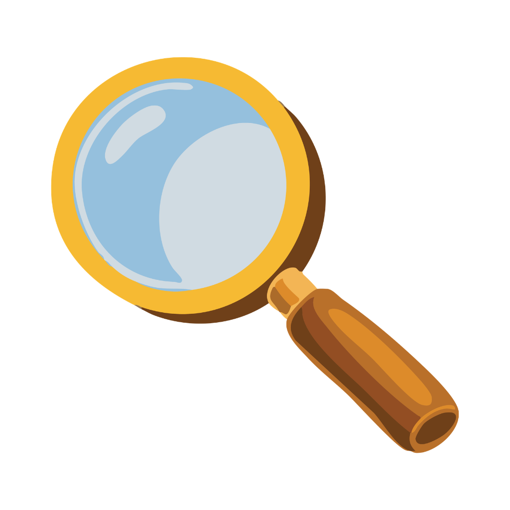 Illustration of a magnifying glass with a wooden handle and a circular glass lens.