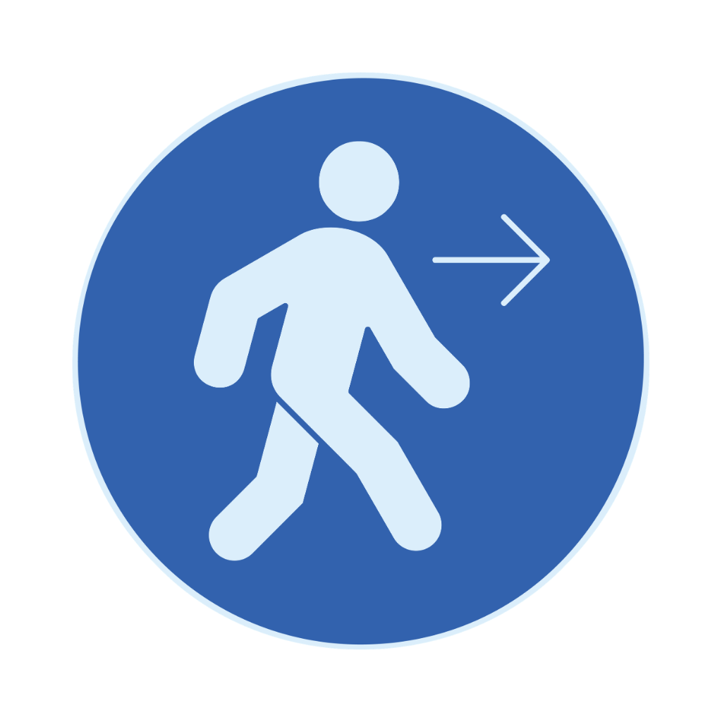 Pedestrian walk sign with a person walking to the right, in blue circle.