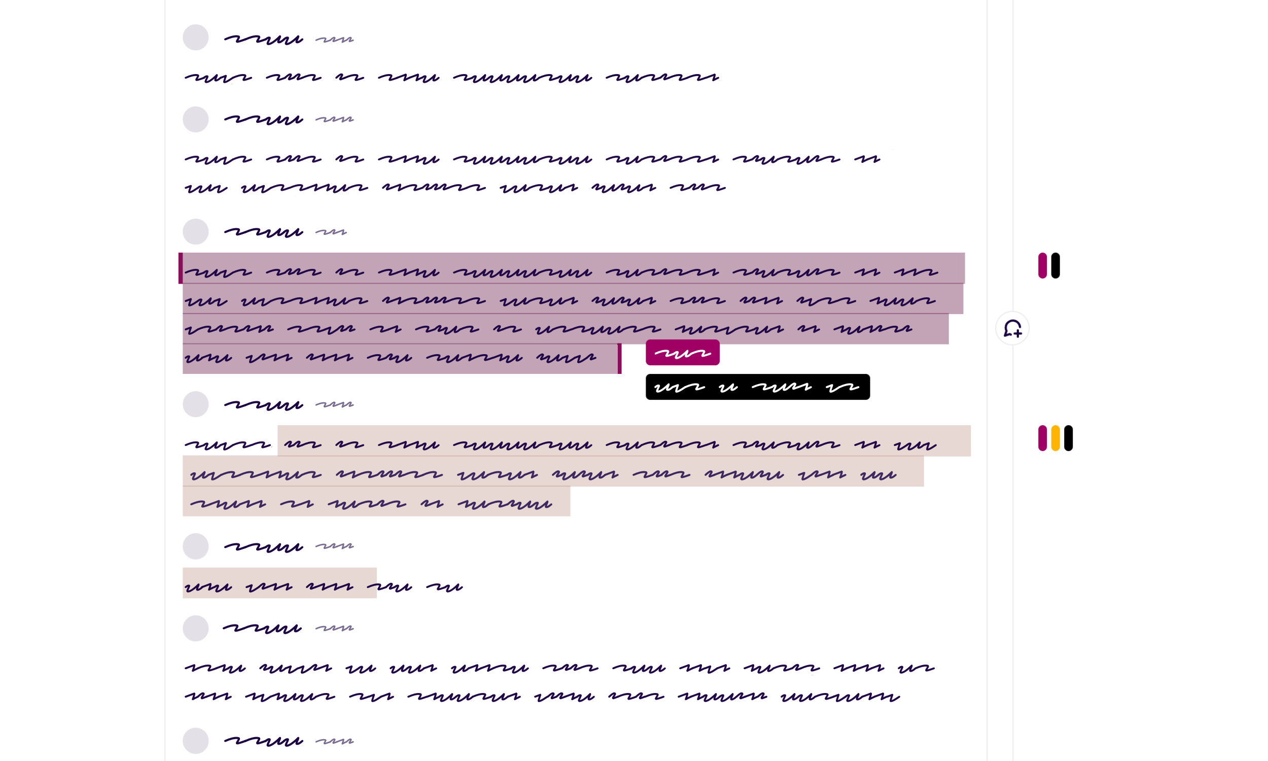 Redacted Dovetail transcript showing sections highlighted and tagged to be used for customer insights.
