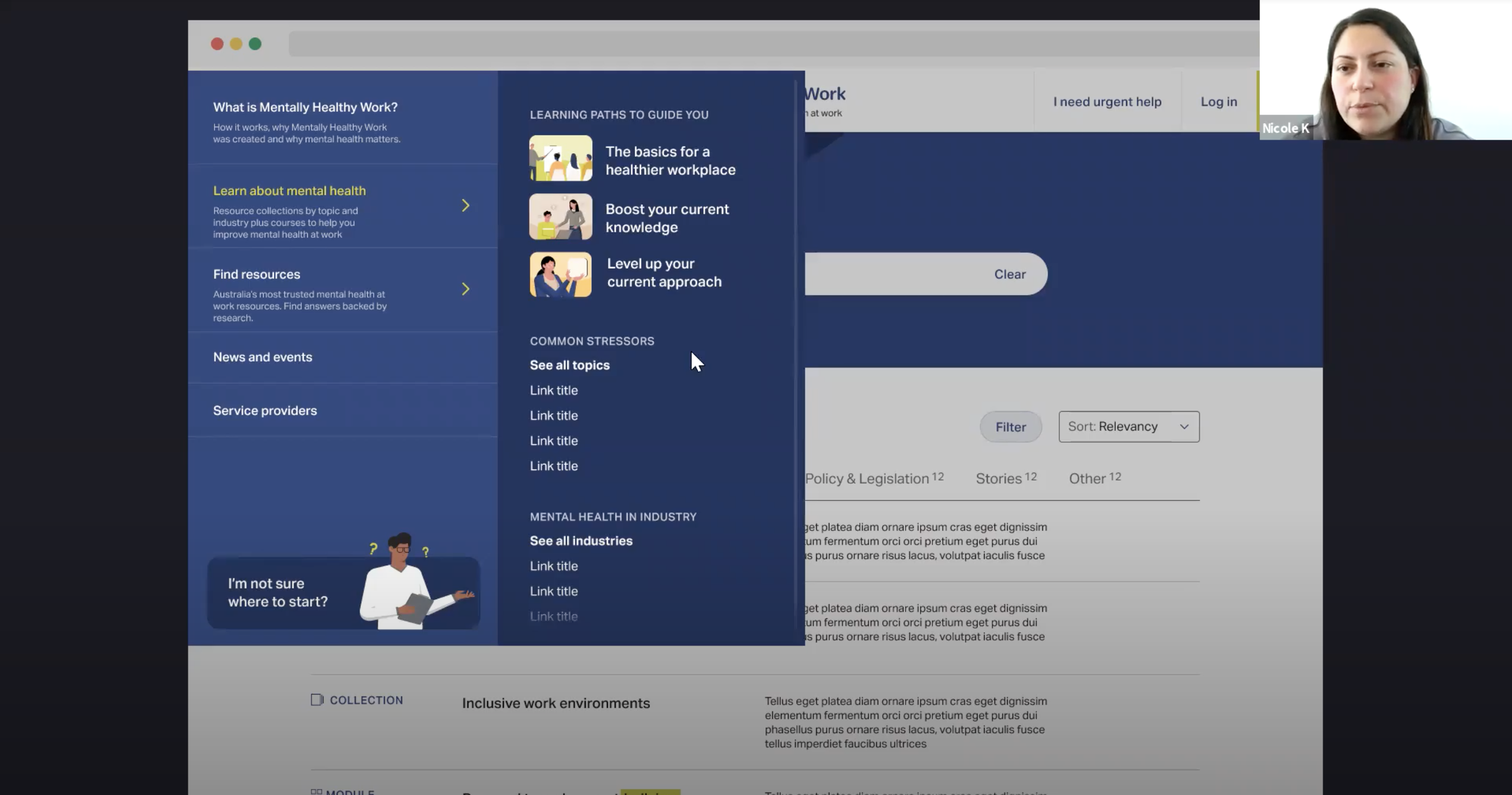 A screenshot of a woman on a zoom call gives feedback on the navigation of the Mentally Healthy Workplaces website