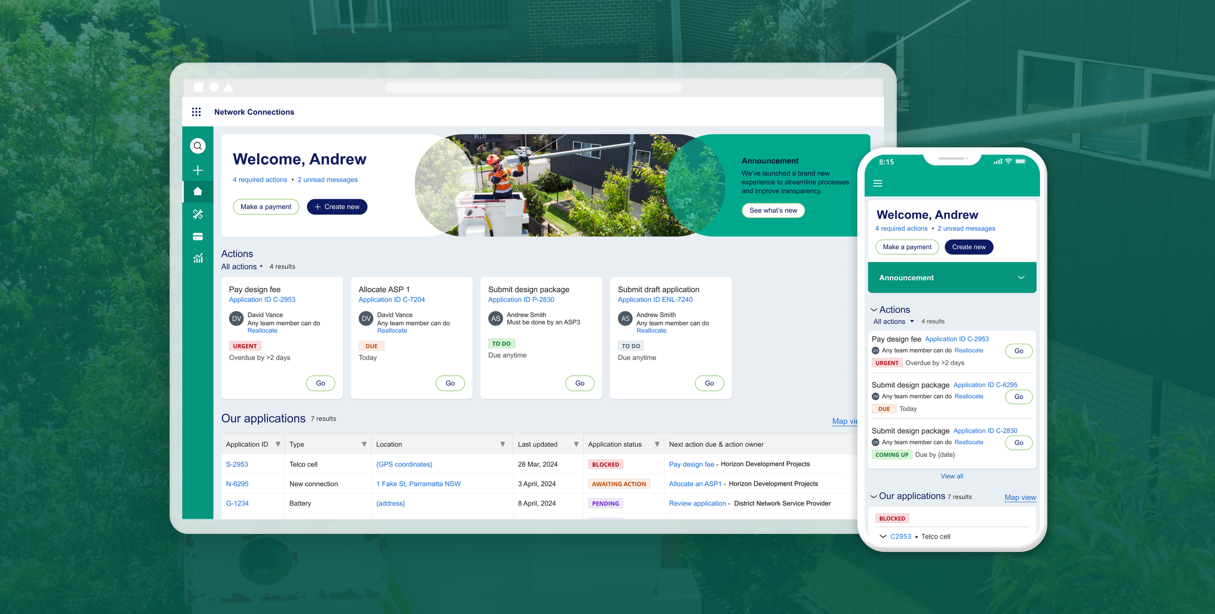 A desktop and mobile portal screen on a green background