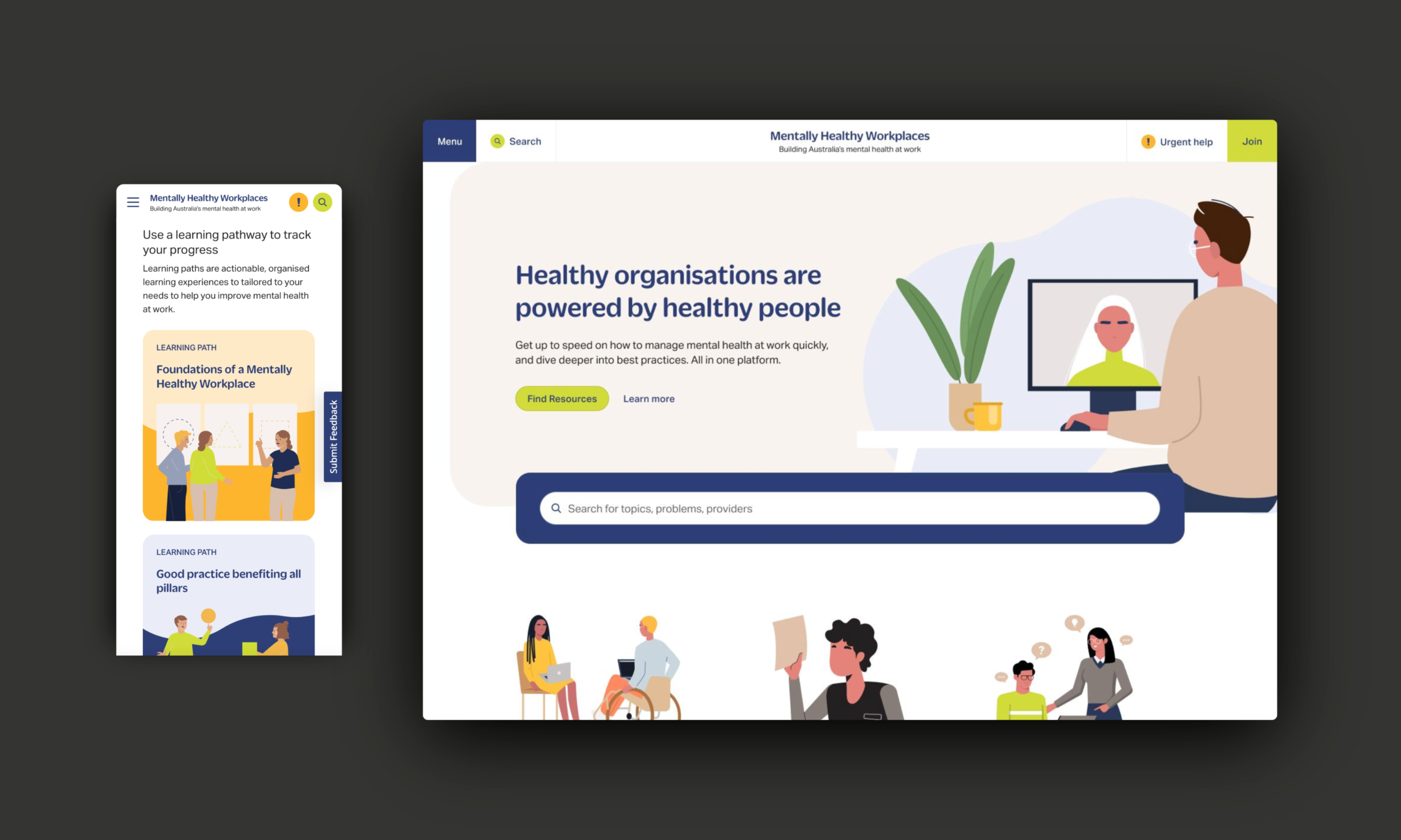 Screenshots of the Mentally Healthy Workplaces website showing a prominent search bar and different learning pathways.
