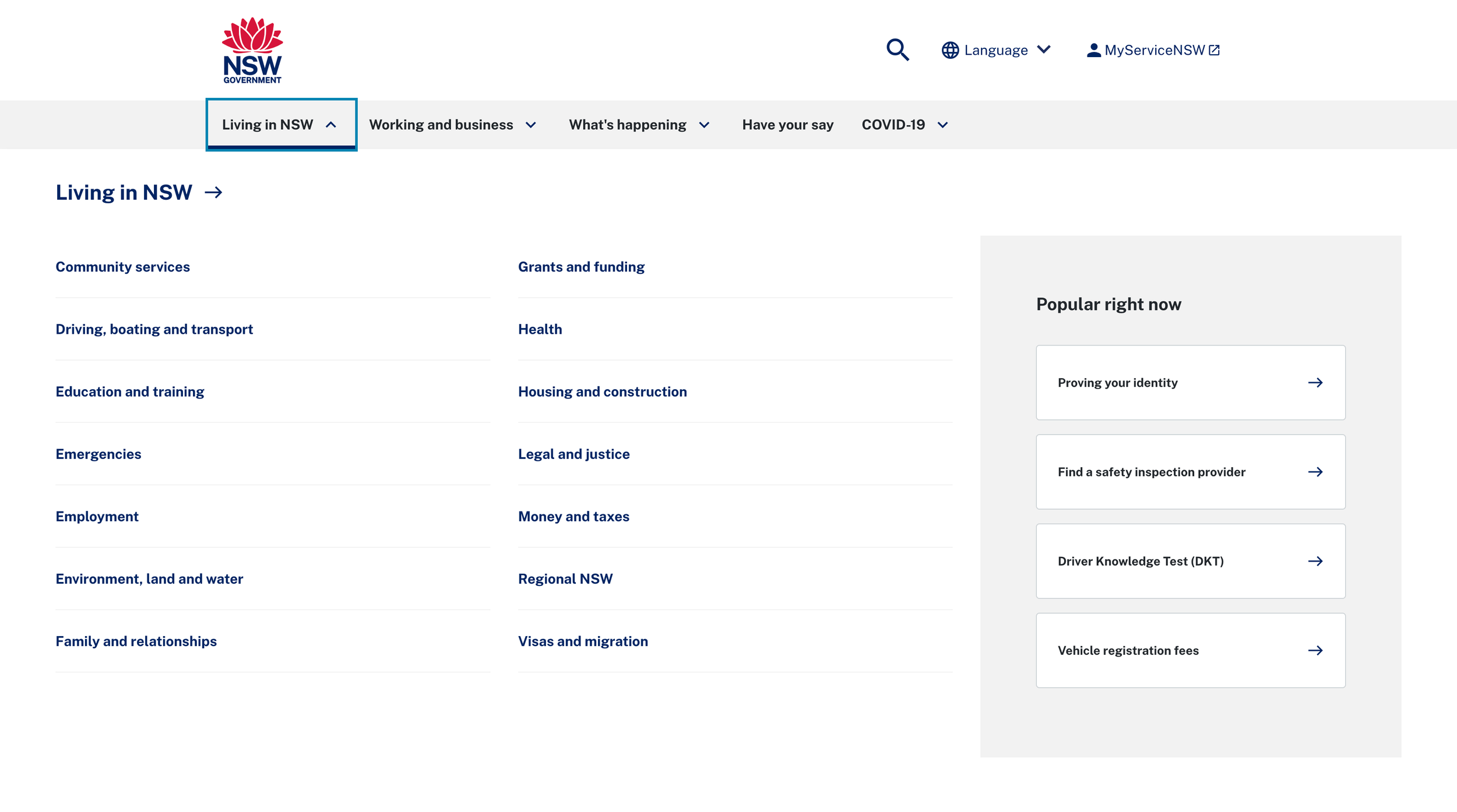 Screenshot of the NSW government website showing a mega menu with many topics under the heading 'Living in NSW'