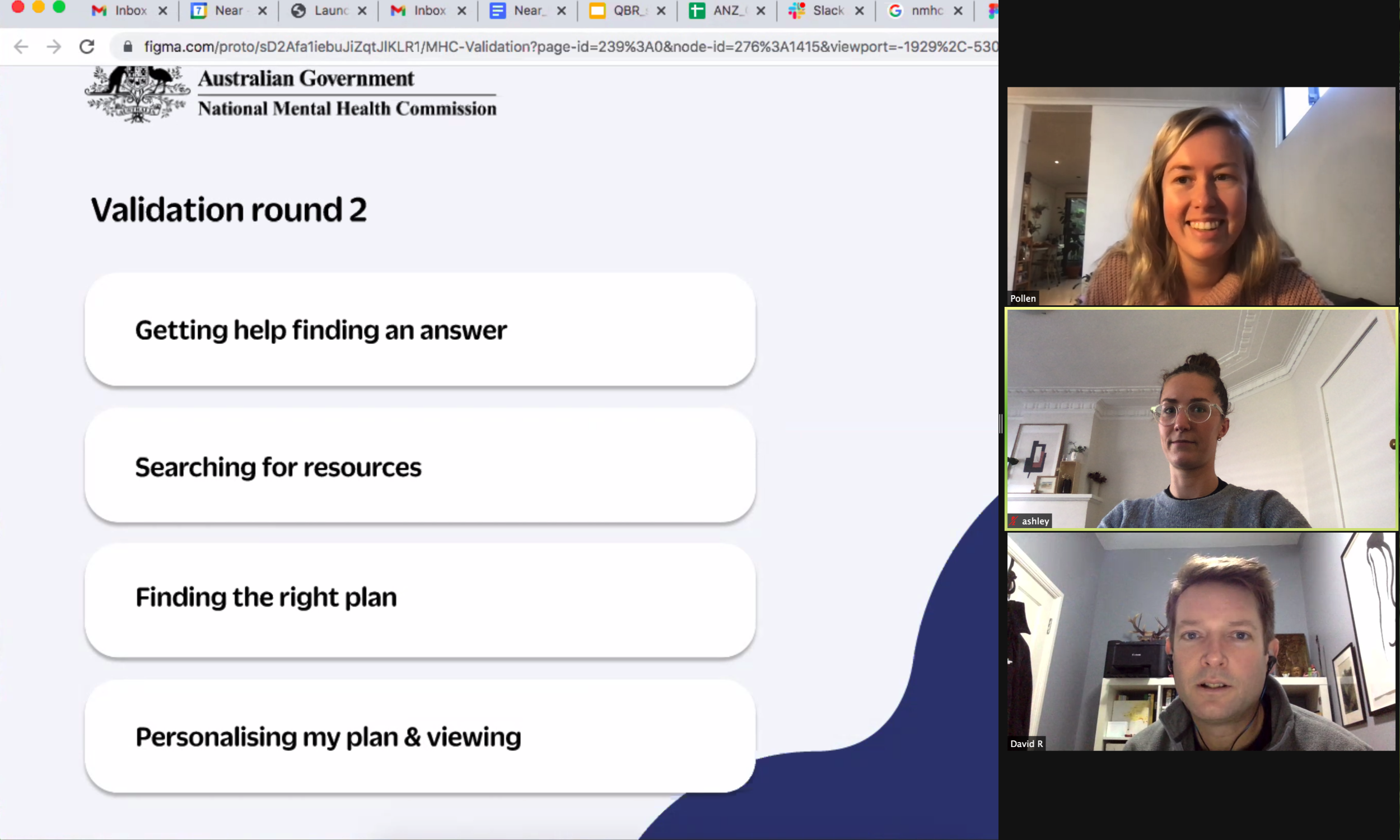 A screenshot of three people on a Zoom call during user testing for 4 flows of the Mentally Healthy Workplaces website. The user flows are about search for content and receiving a customised plan.