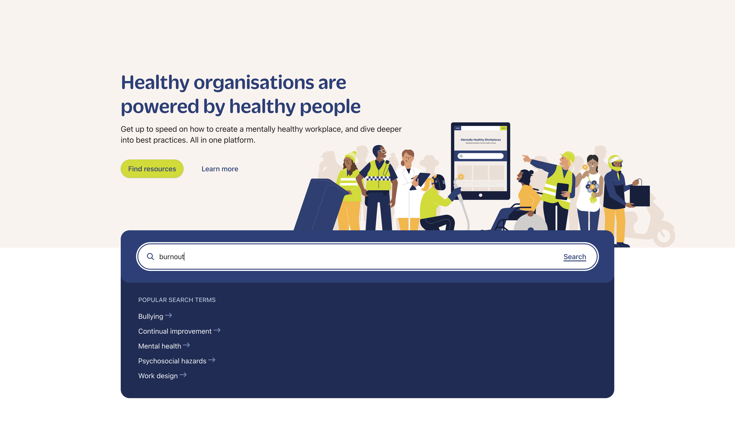 Homepage of the Mentally Healthy Workplaces website showing a search for the word 'burnout'