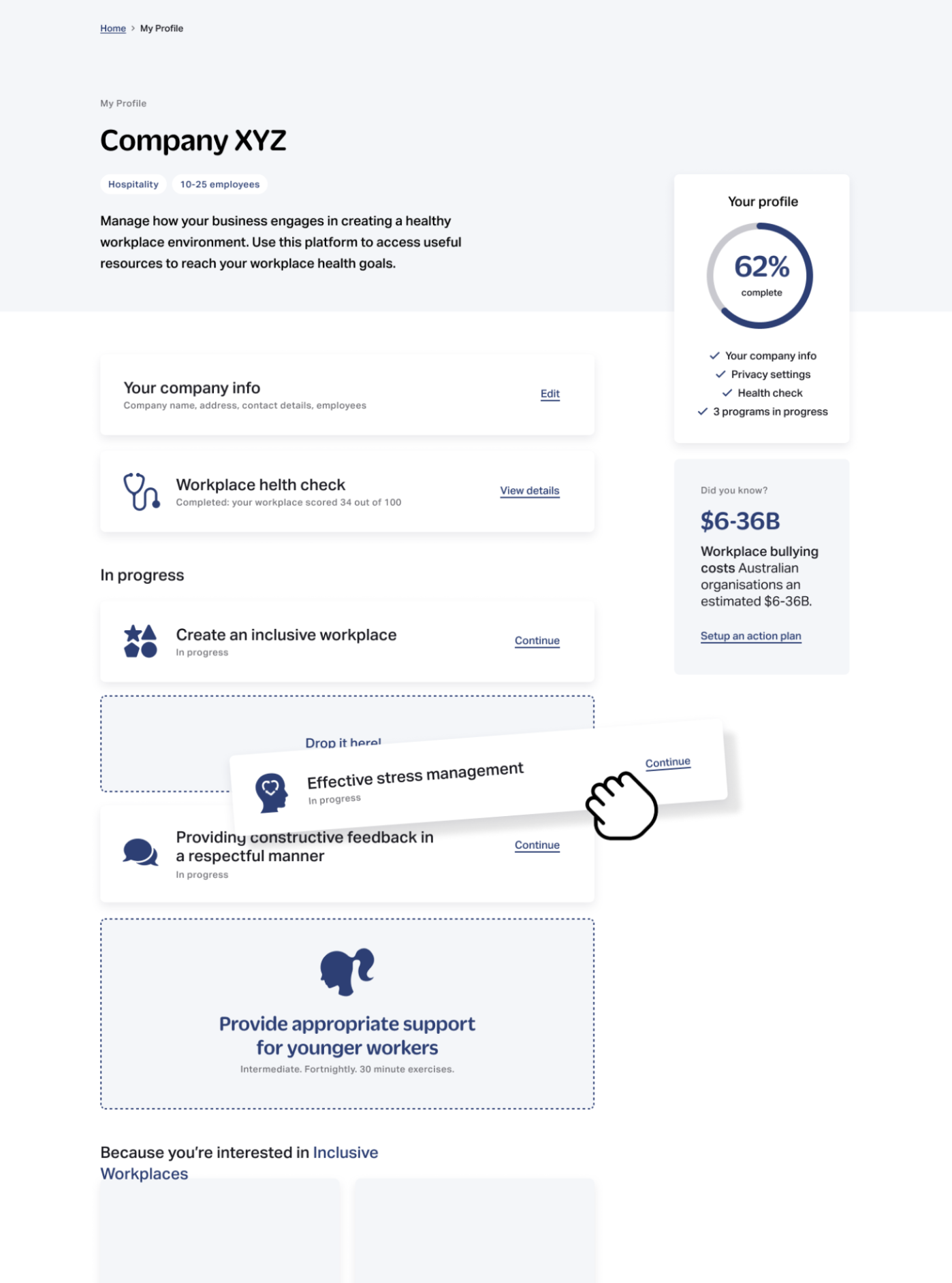 A screenshot of a low fidelity wireframe from early in the project shows a user customising a plan recommended for them by changing the order of topics