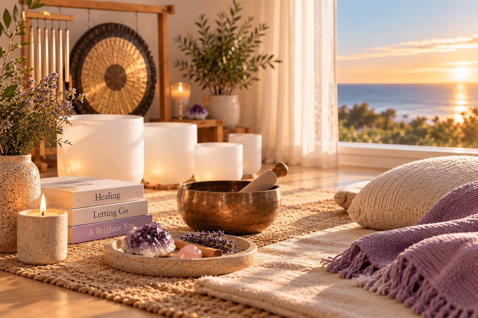 Singing bowls and sound healing instruments arranged in a peaceful space representing letting go and moving forward.