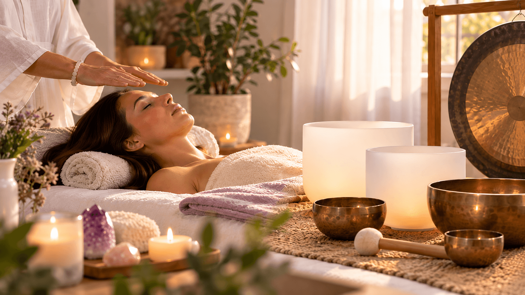 Woman receiving Reiki alongside singing bowls in a calm wellness setting