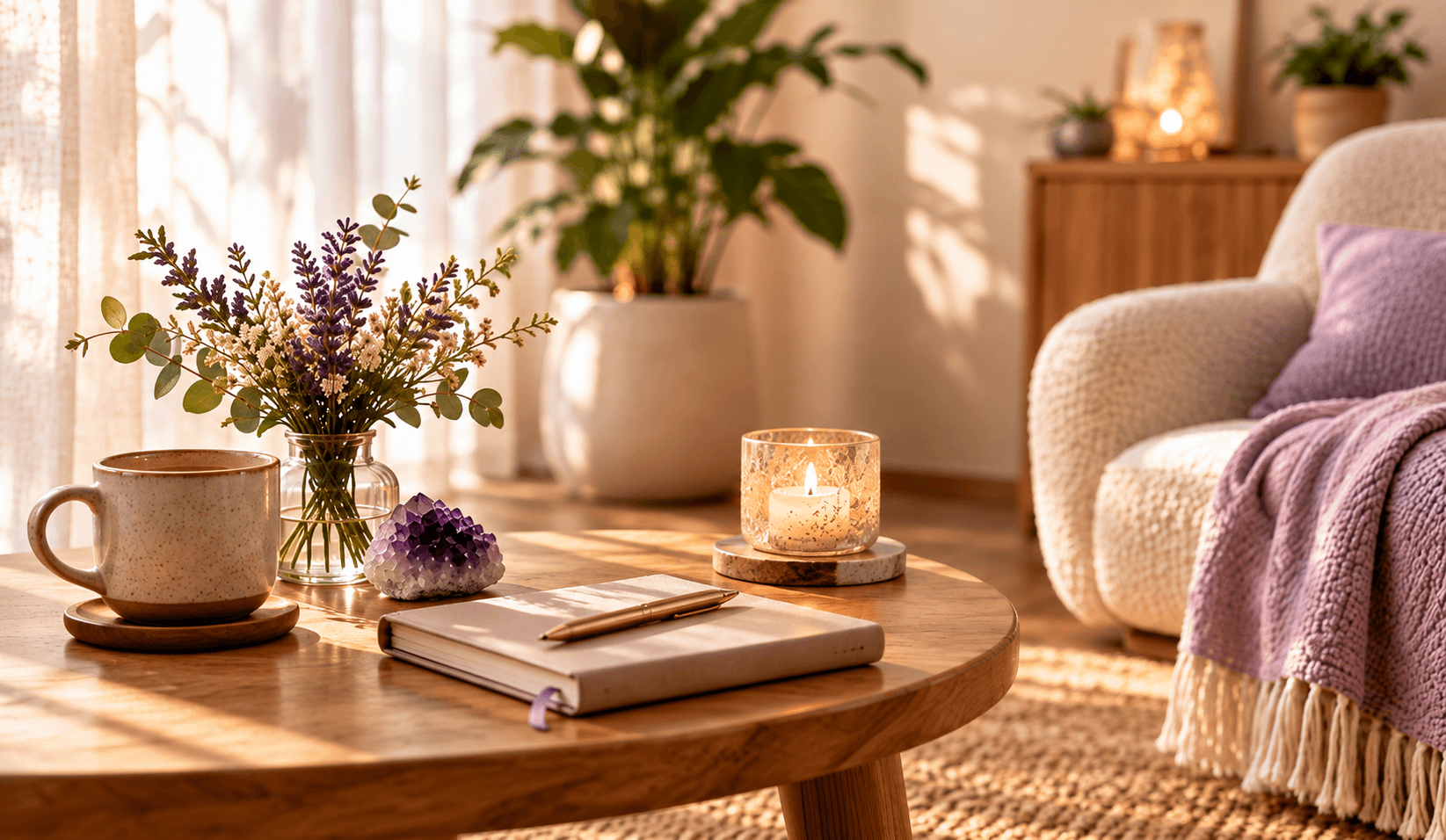 Journal, candle, amethyst and lavender in a calm space for reflection after Reiki