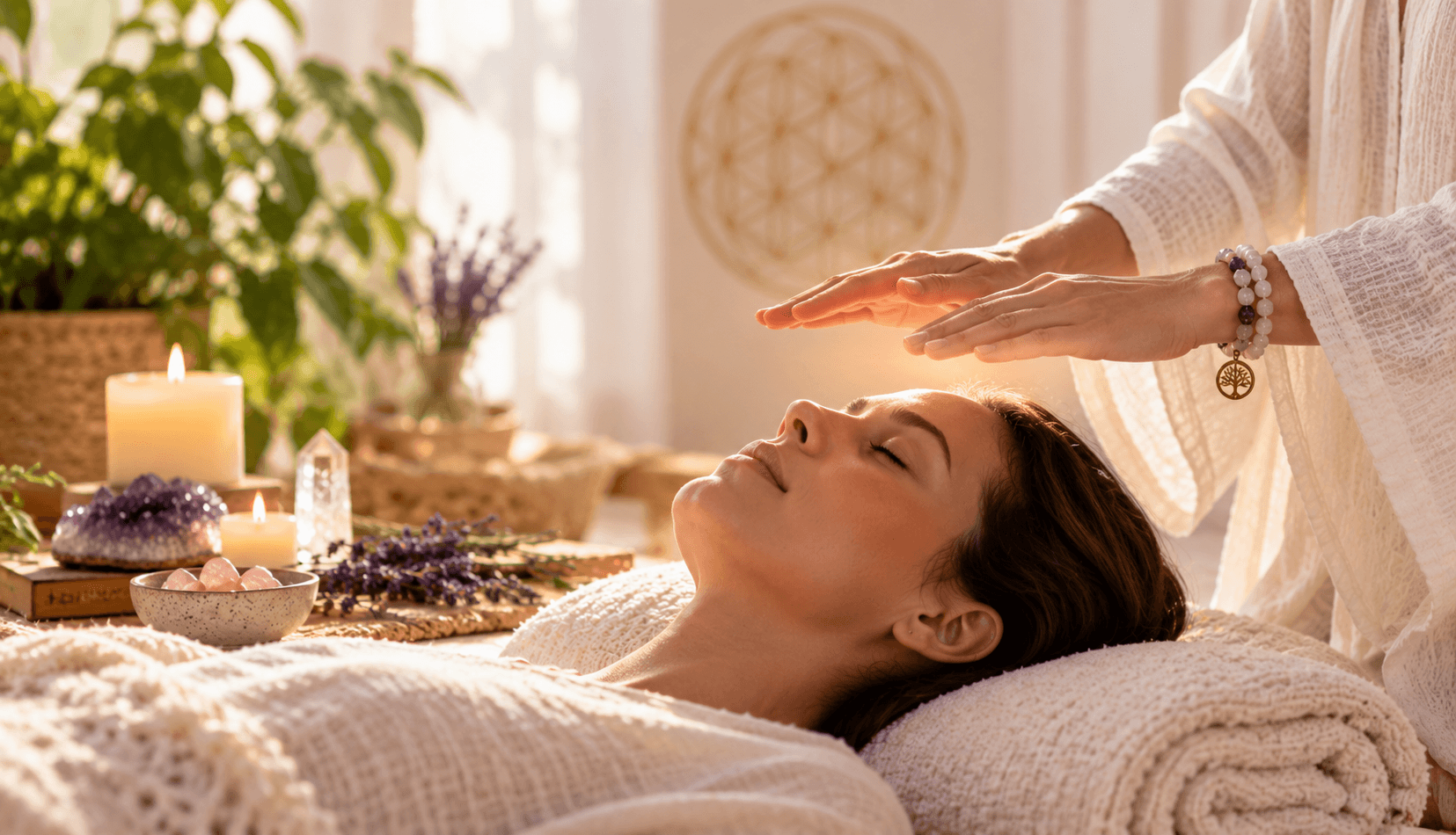 Spiritual healer providing a gentle Reiki energy healing session in a calm wellness space.