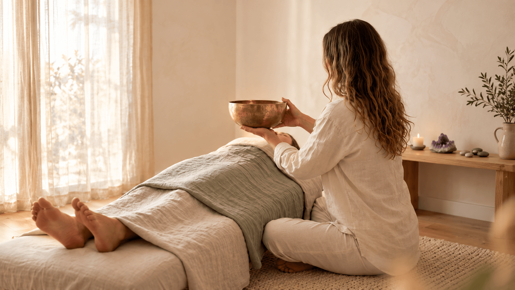 Practitioner holding a singing bowl beside a client during a calm energy healing session at Light Divine.