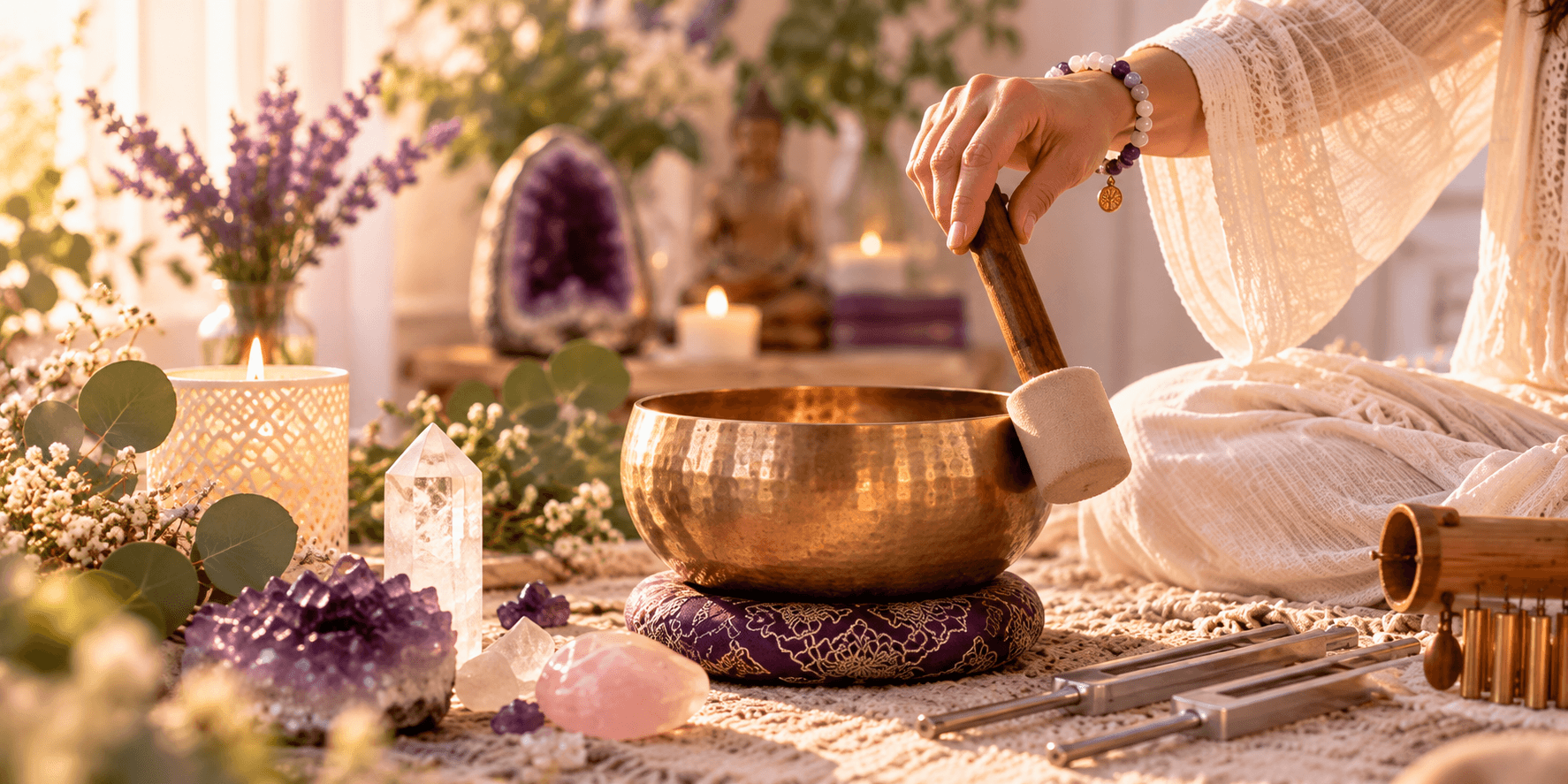 Practitioner using a Tibetan singing bowl with crystals and sound healing instruments