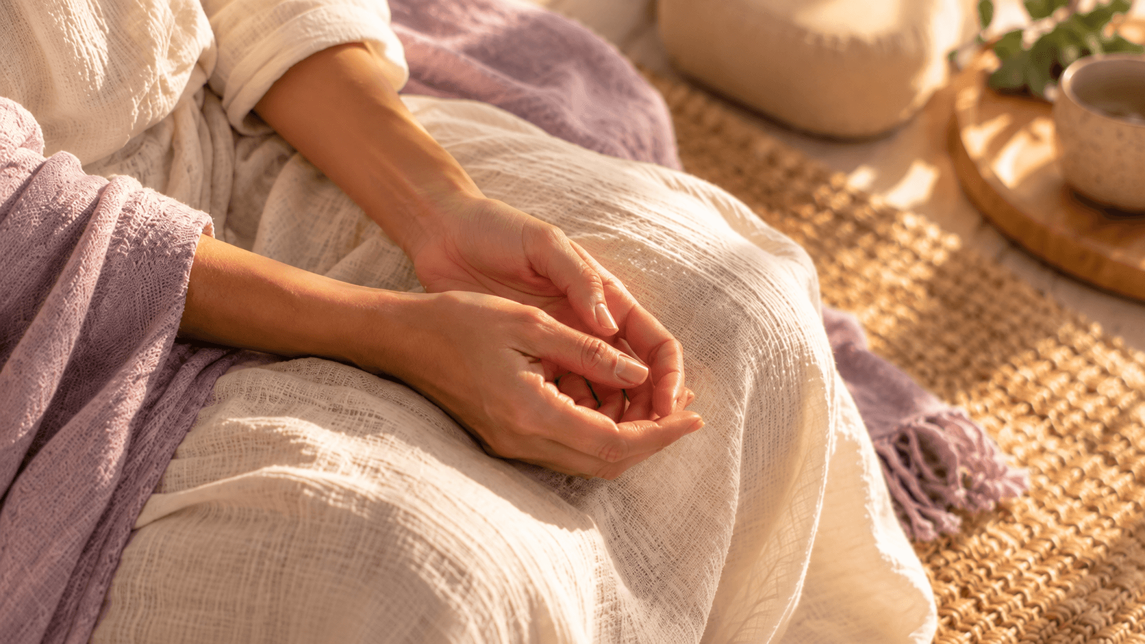 Close-up of relaxed hands resting in the lap during a quiet moment of reflection and surrender.