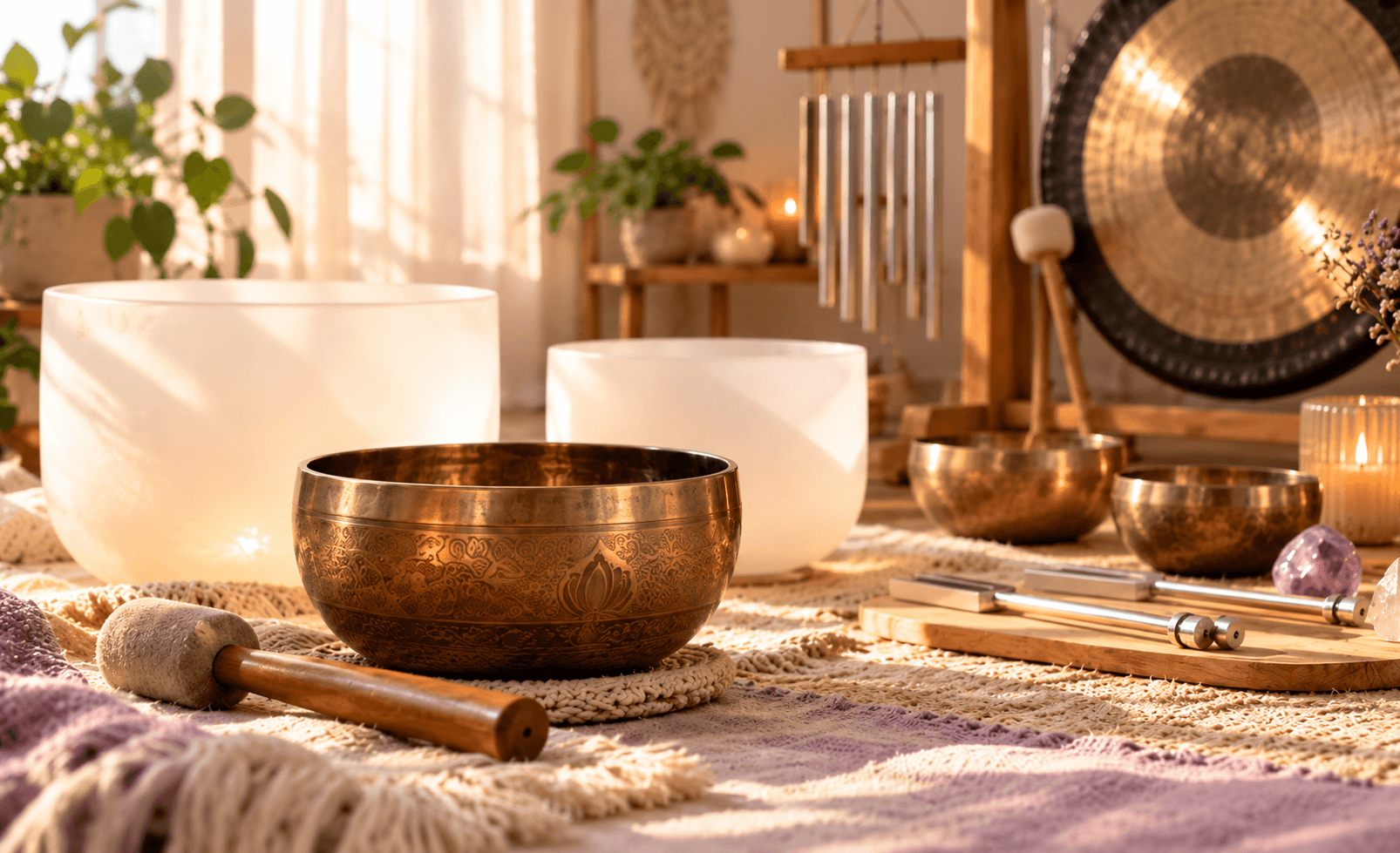 Tibetan singing bowl with crystal bowls, tuning forks, gong and chimes arranged for a Sound Healing session.