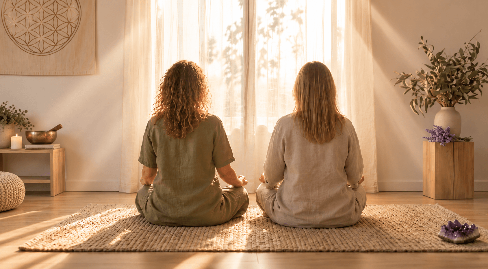 Two people sitting quietly together in a warm, peaceful space, representing holding space and supportive presence.