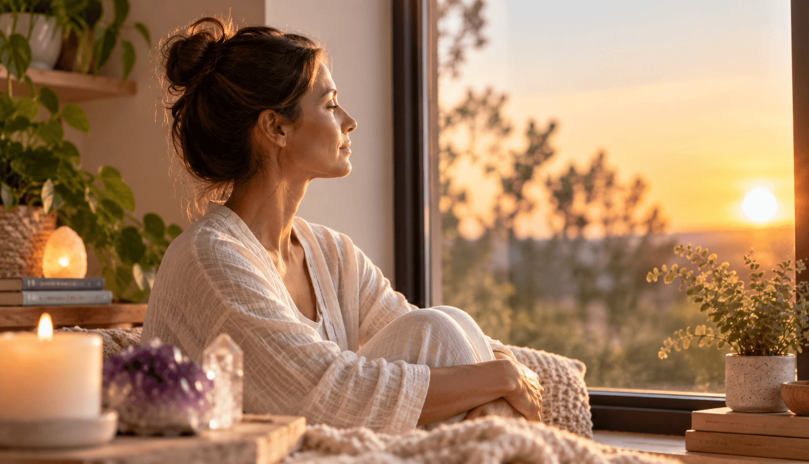 Woman sitting quietly in reflection during a personal spiritual healing journey.