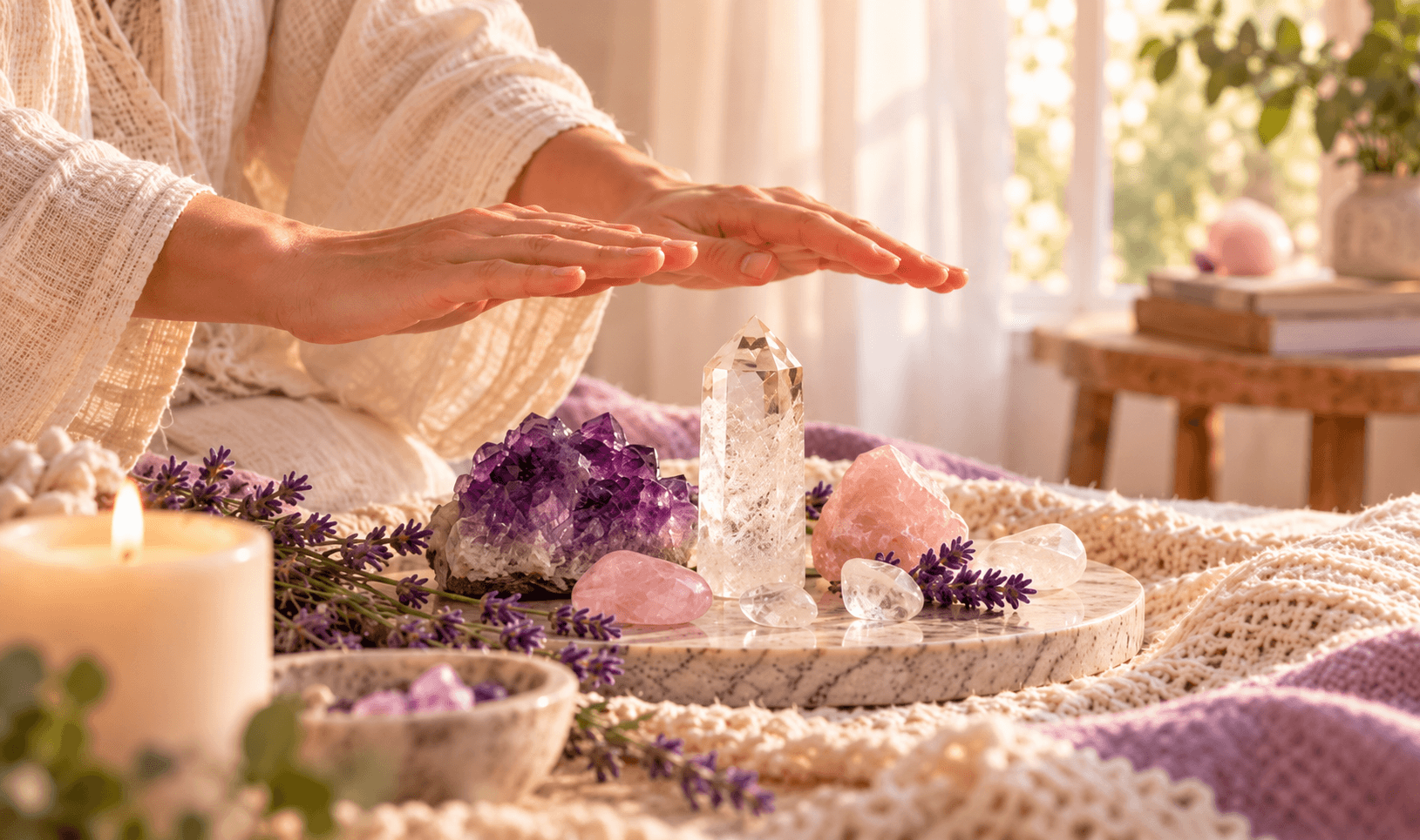 Hands held gently above crystals during an energy healing practice.