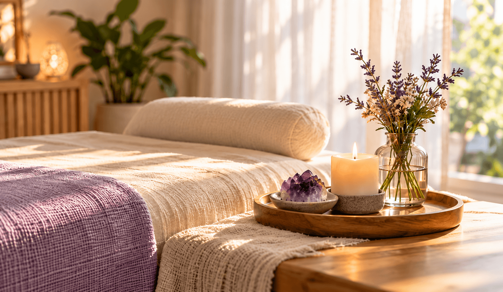 Peaceful Reiki treatment room with amethyst, candle and lavender flowers