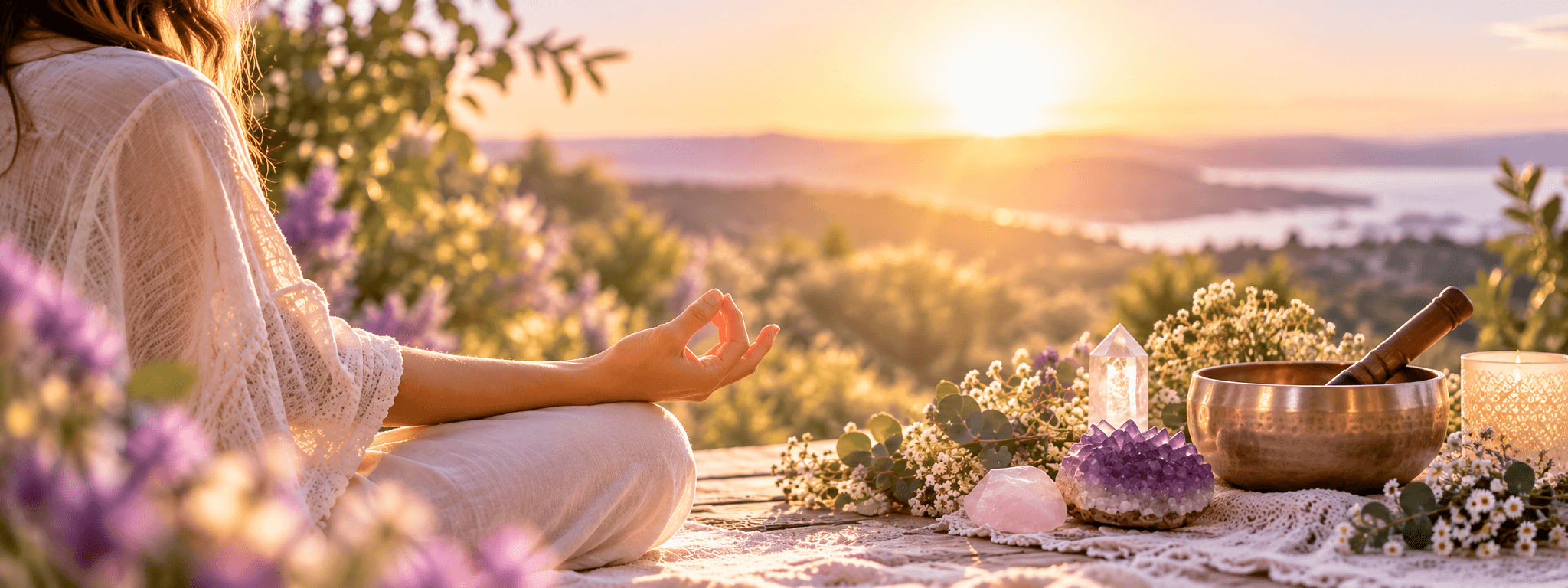 Woman meditating outdoors with crystals and a singing bowl in a peaceful energy healing setting