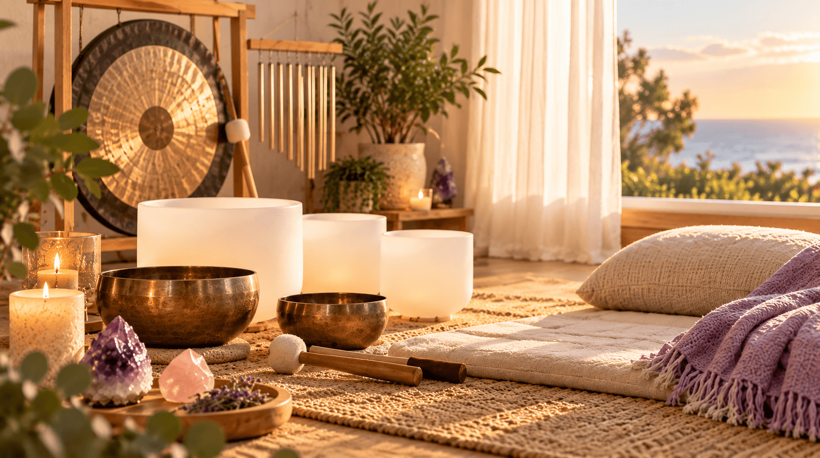 Sound healing instruments arranged in a calm wellness space for relaxation and stillness.