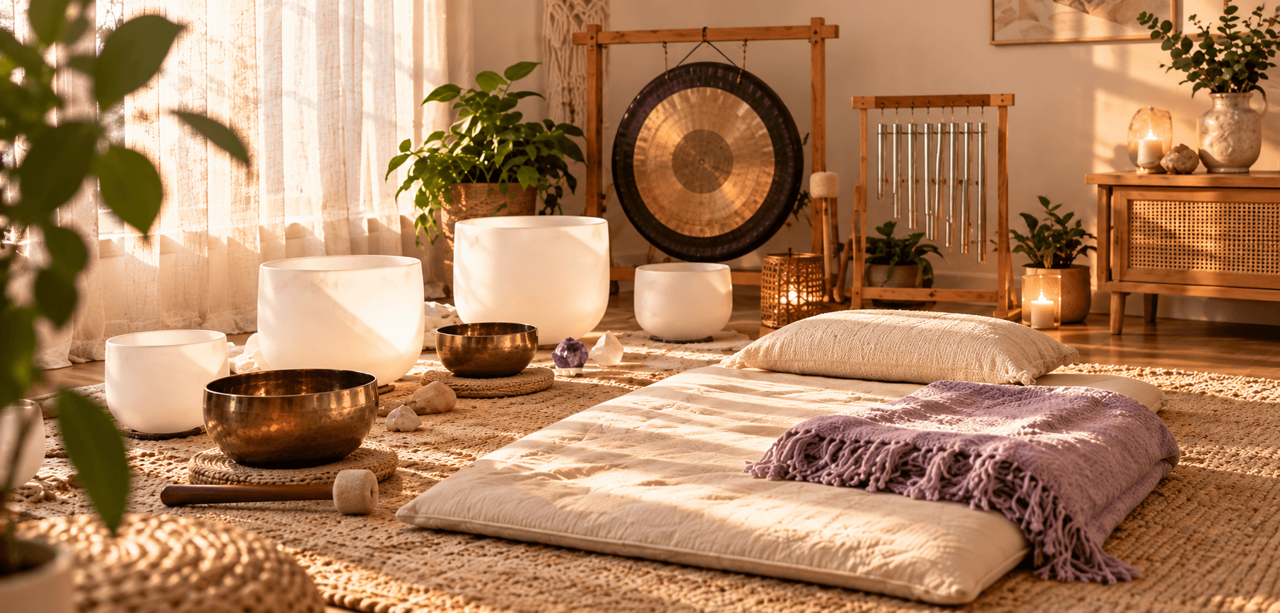 Calm Sound Healing space prepared with crystal bowls, Tibetan singing bowls, gong, chimes and a comfortable floor mat.