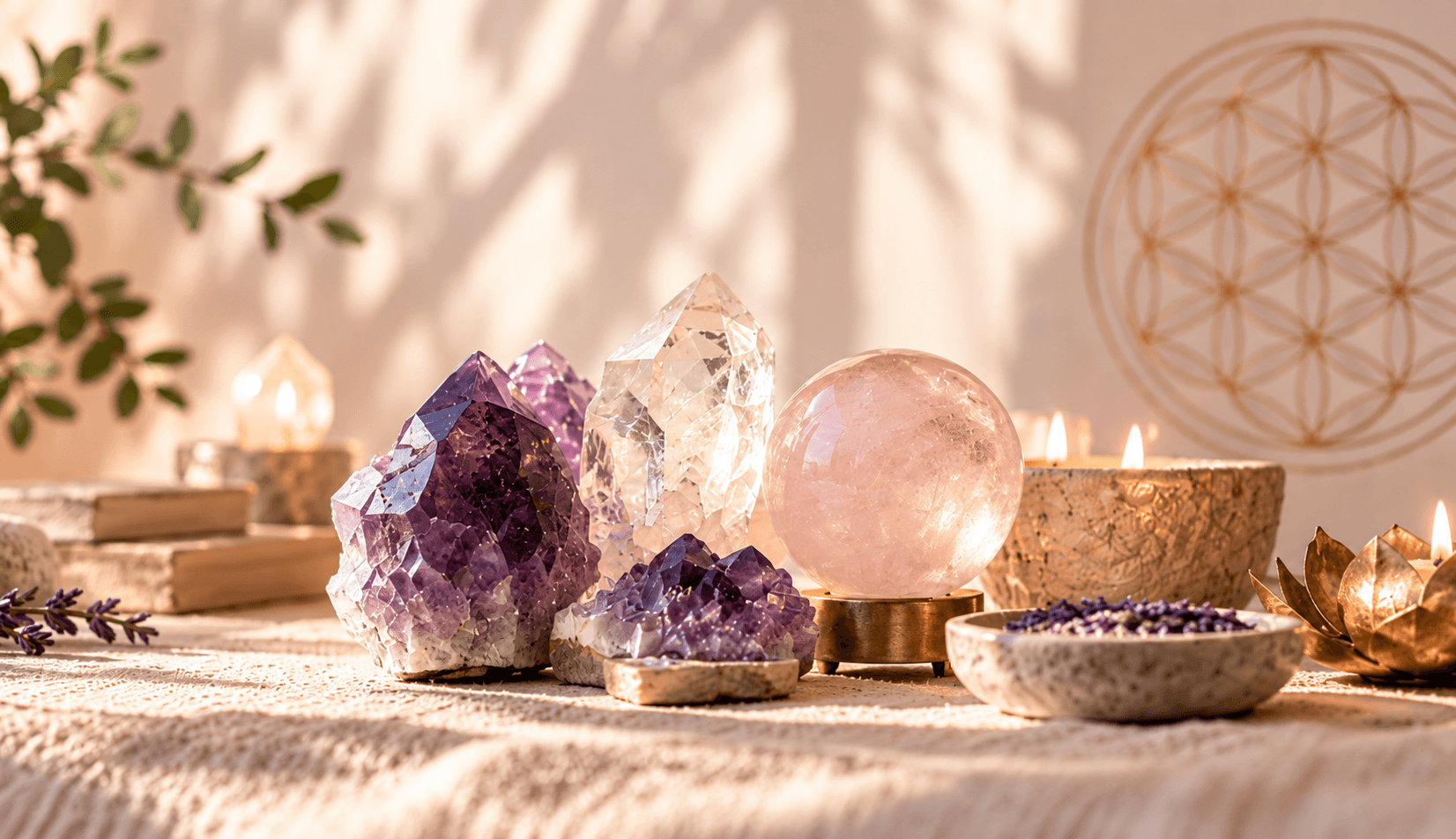 Crystals arranged in a warm, peaceful energy healing space at Light Divine.
