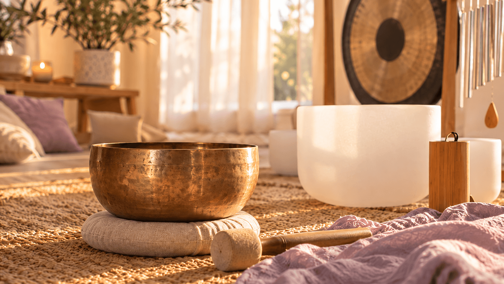 Tibetan singing bowl, crystal singing bowls and sound healing instruments arranged in a calm, sunlit space.
