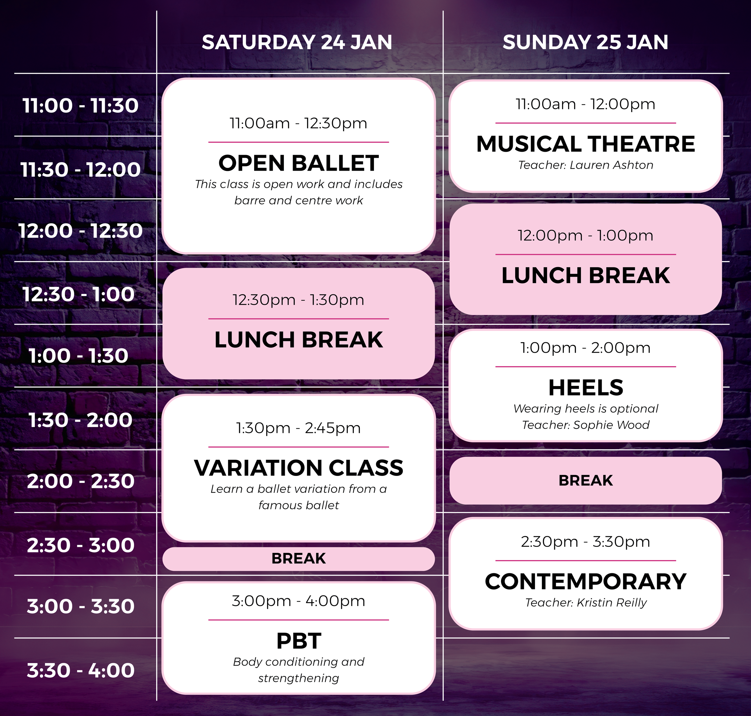 Revive adult dance intensive schedule featuring ballet, musical theatre, heels and contemporary