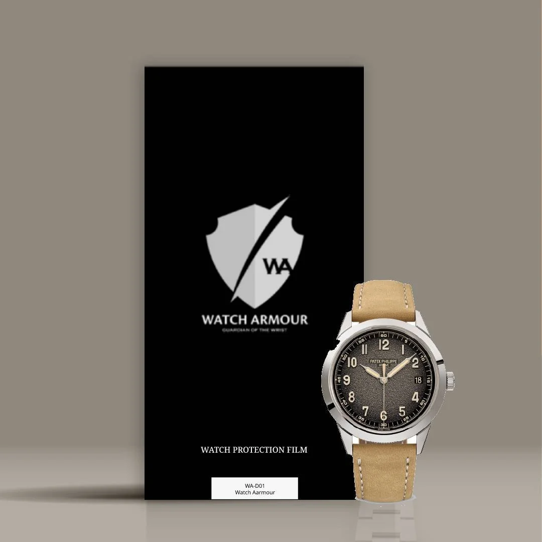 A smartwatch with a beige strap and black dial displaying the time, positioned next to a black watch protection film package with the Watch Armour logo and text.