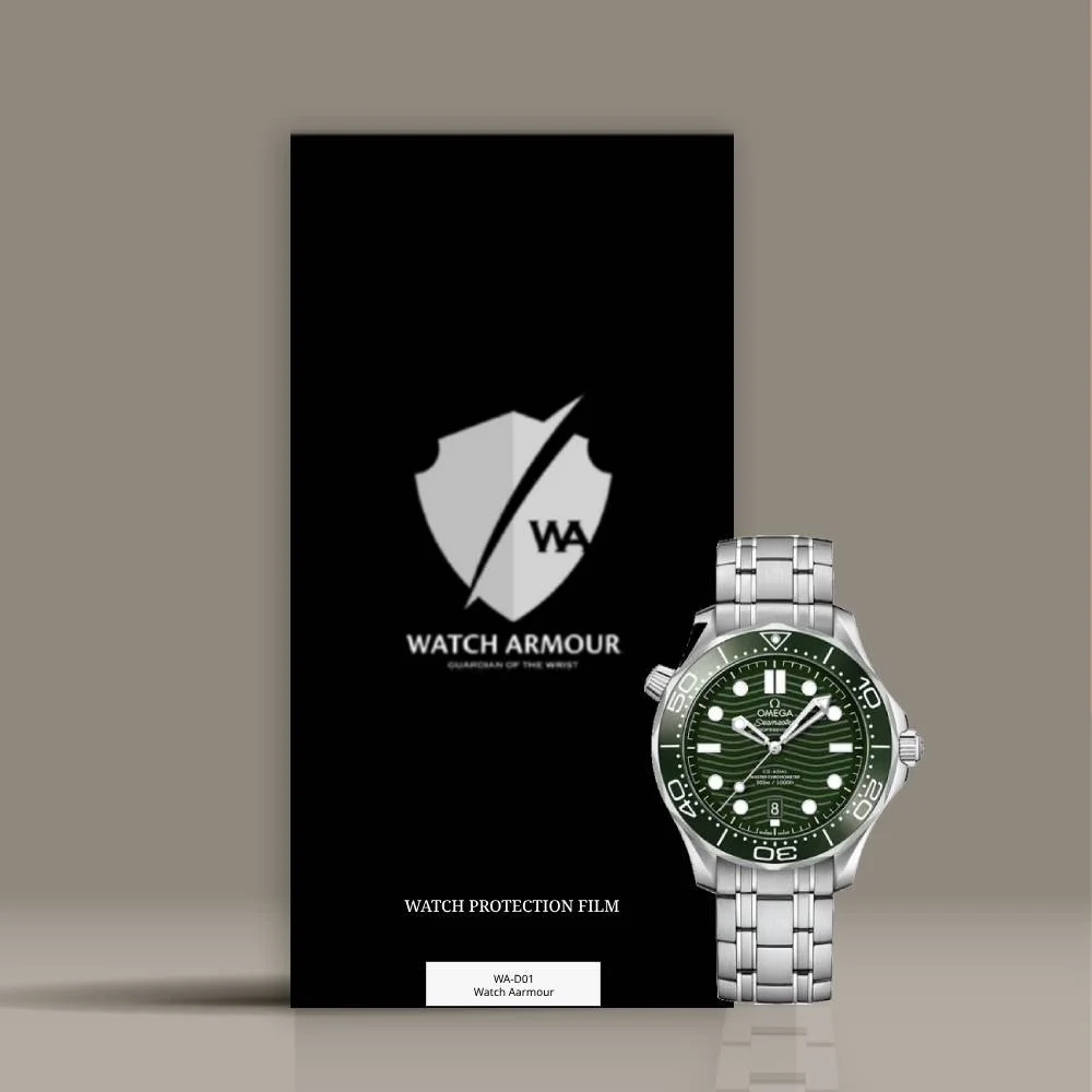 A wristwatch with a green dial and stainless steel band placed in front of black packaging with a watch shield logo and the text "Watch Armour" and "Watch Protection Film."