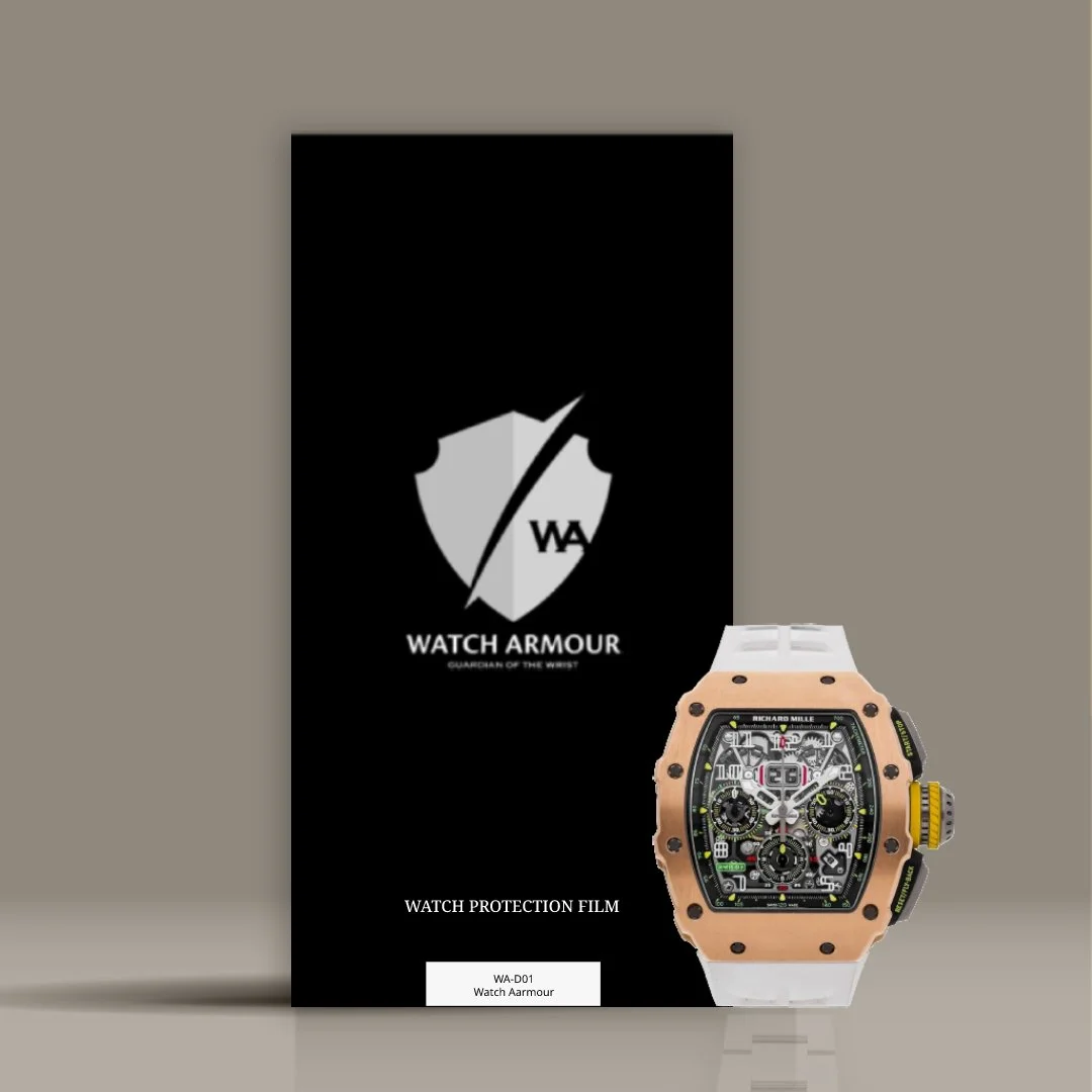 Watch Armor watch protection film with a detailed watch in front, black packaging with a shield logo and text, and a label reading "WA-D01 Watch Armor."