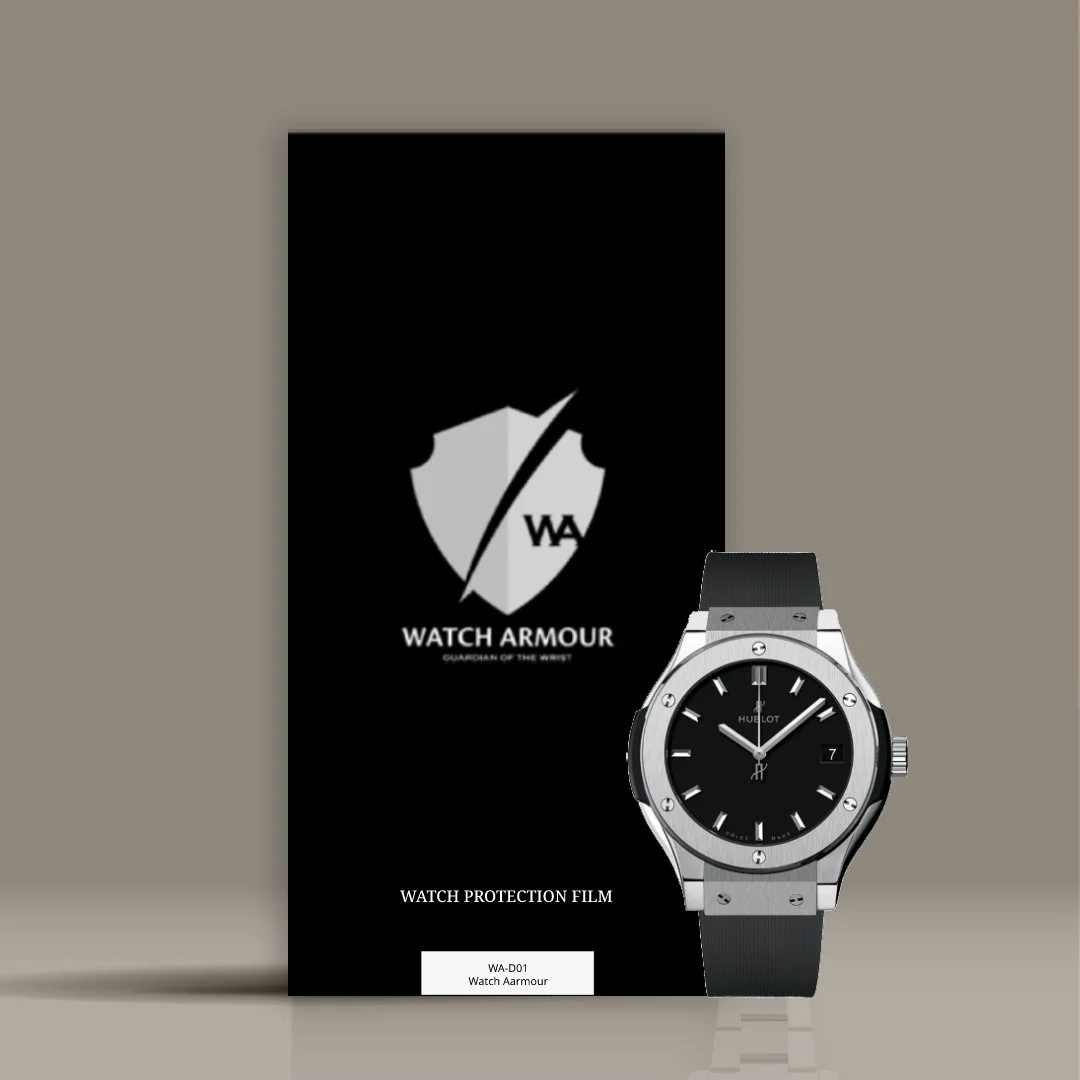 A black watch protection film with a Watch Armour logo, a silver and black wristwatch with a black strap, and a label reading 'WA-D01 Watch Armour'.