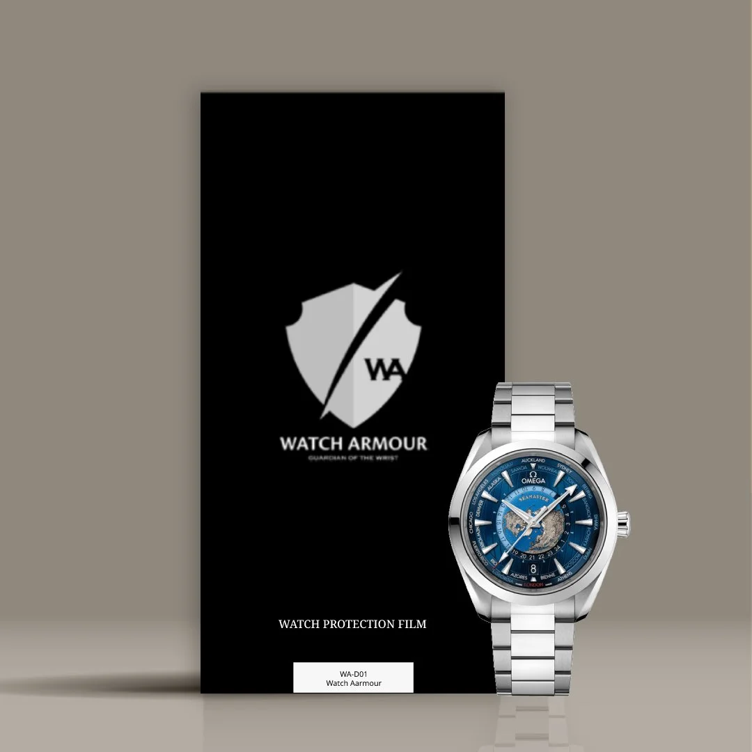 Watch protection film packaging for Watch Armour with a silver and blue Omega Seamaster watch partially visible in front.