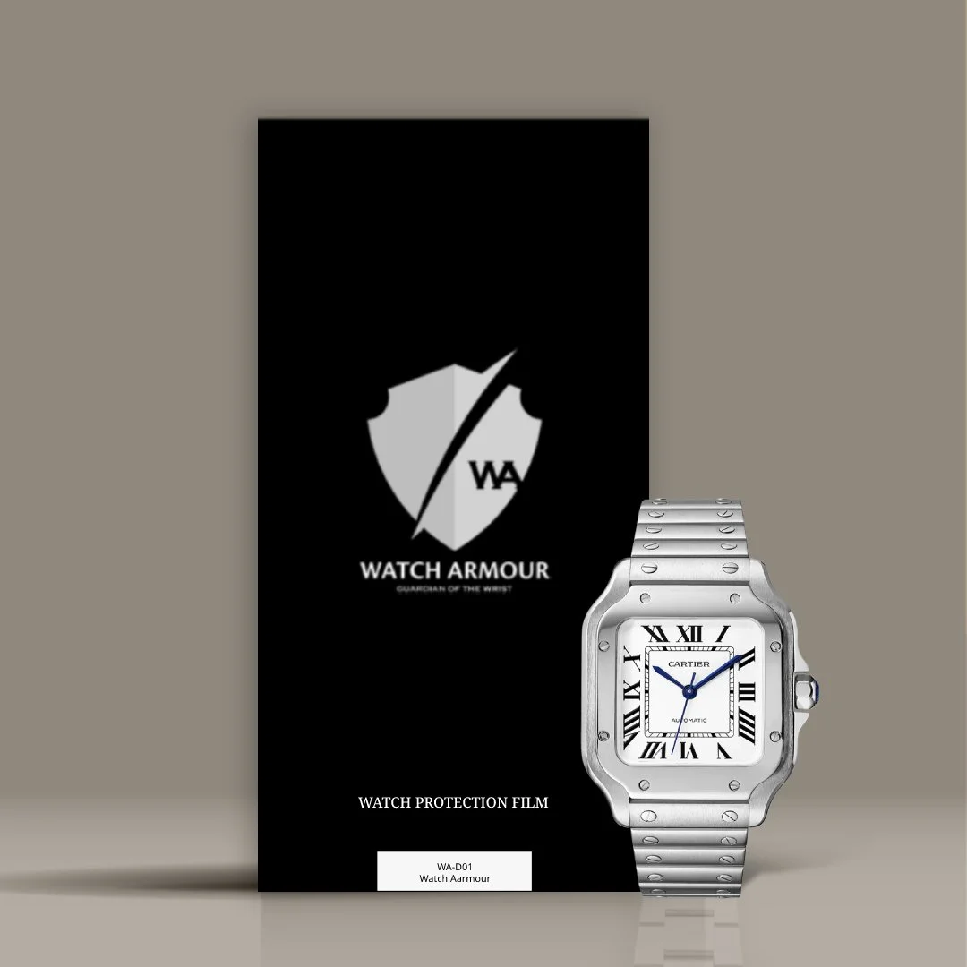 A Cartier watch with a silver band and square face displaying Roman numerals, placed in front of a black Watch Armour protection film package.